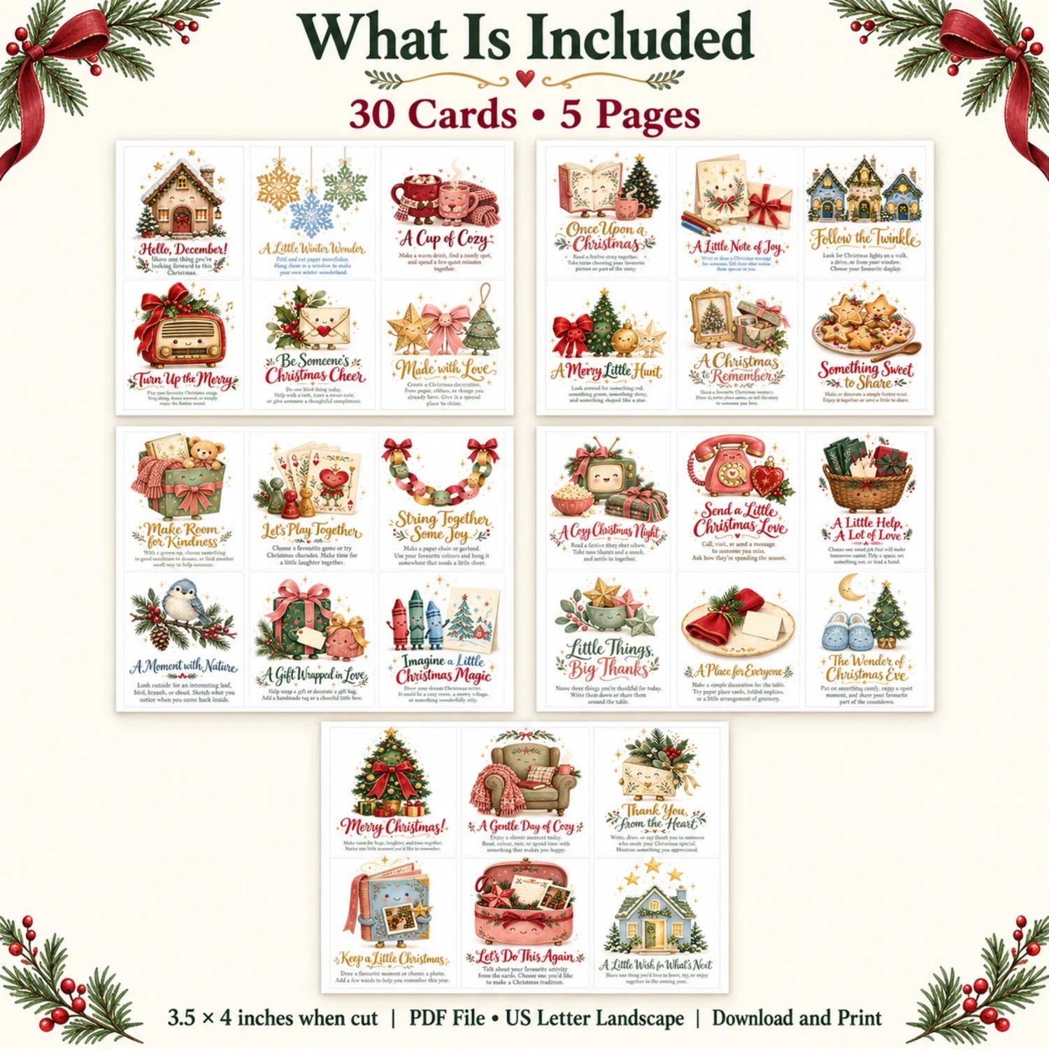 Thirty printable Christmas advent activity cards on five sheets, with cozy vintage-inspired illustrations of cottages, cocoa mugs, books, gifts and trees. Each card includes a family holiday activity.