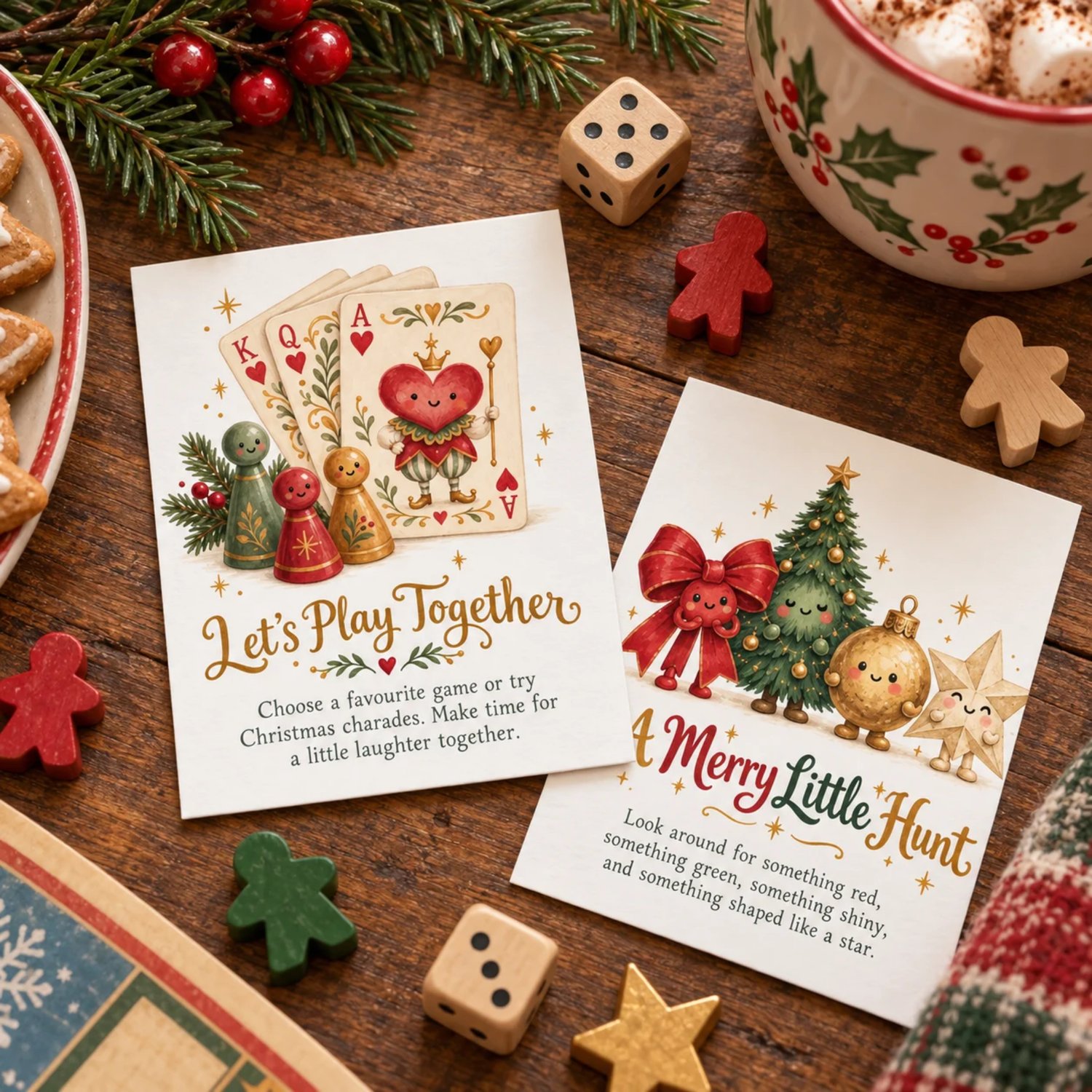 Thirty printable Christmas advent activity cards on five sheets, with cozy vintage-inspired illustrations of cottages, cocoa mugs, books, gifts and trees. Each card includes a family holiday activity.