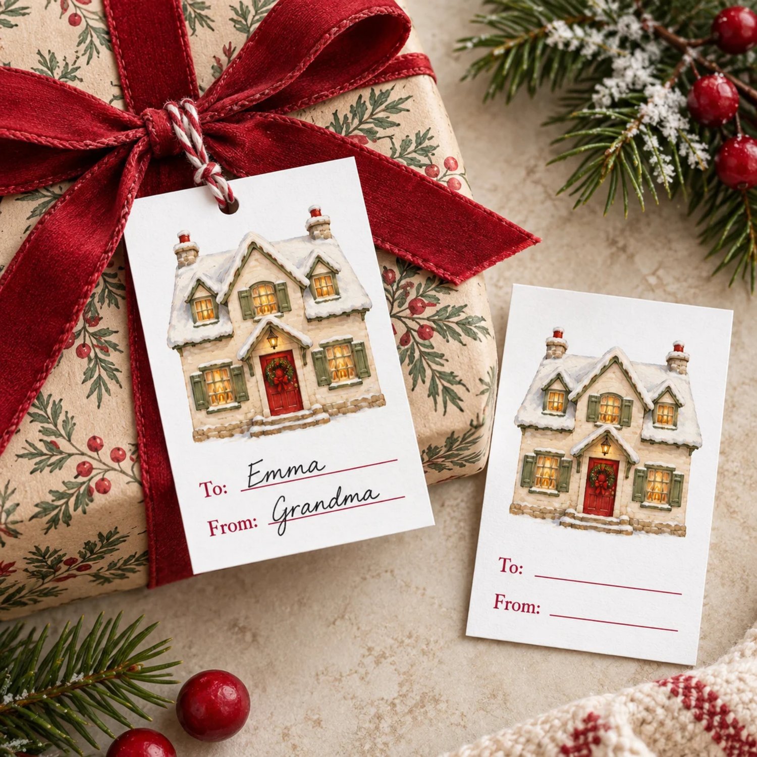 Three printable sheets with 24 Christmas gift tags featuring Santa, a reindeer, gingerbread, trees and cozy vintage illustrations with To and From lines.