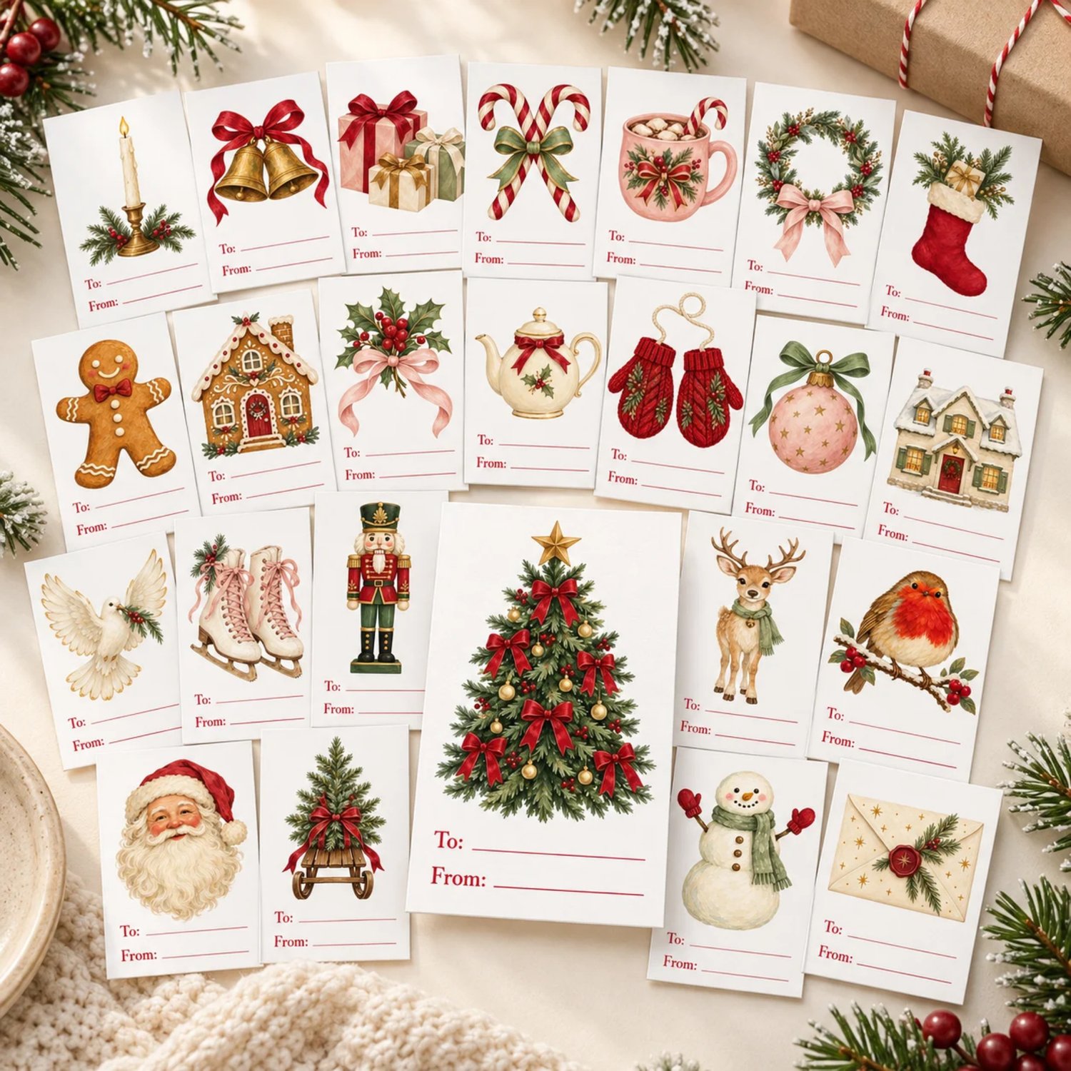 Three printable sheets with 24 Christmas gift tags featuring Santa, a reindeer, gingerbread, trees and cozy vintage illustrations with To and From lines.