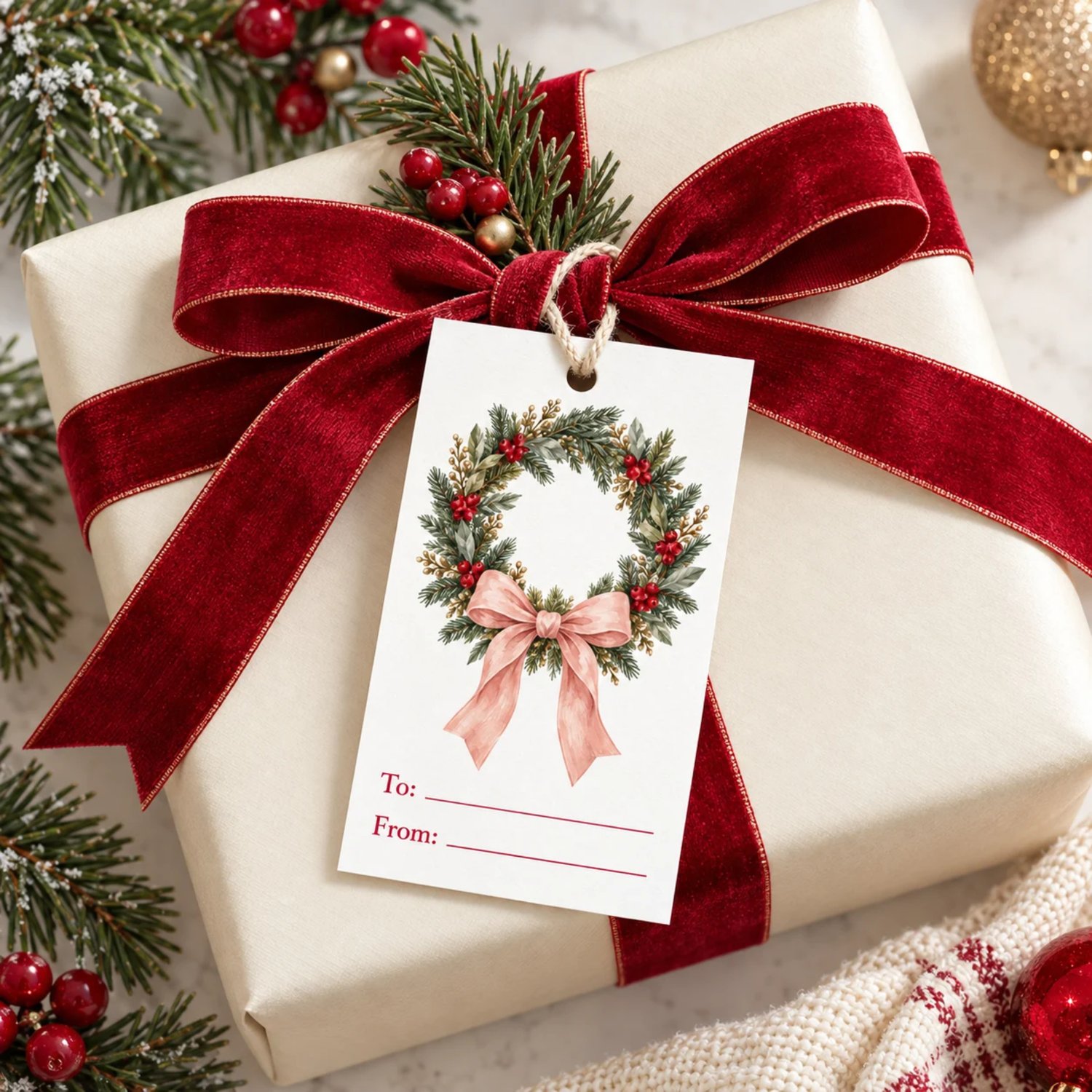 Three printable sheets with 24 Christmas gift tags featuring Santa, a reindeer, gingerbread, trees and cozy vintage illustrations with To and From lines.