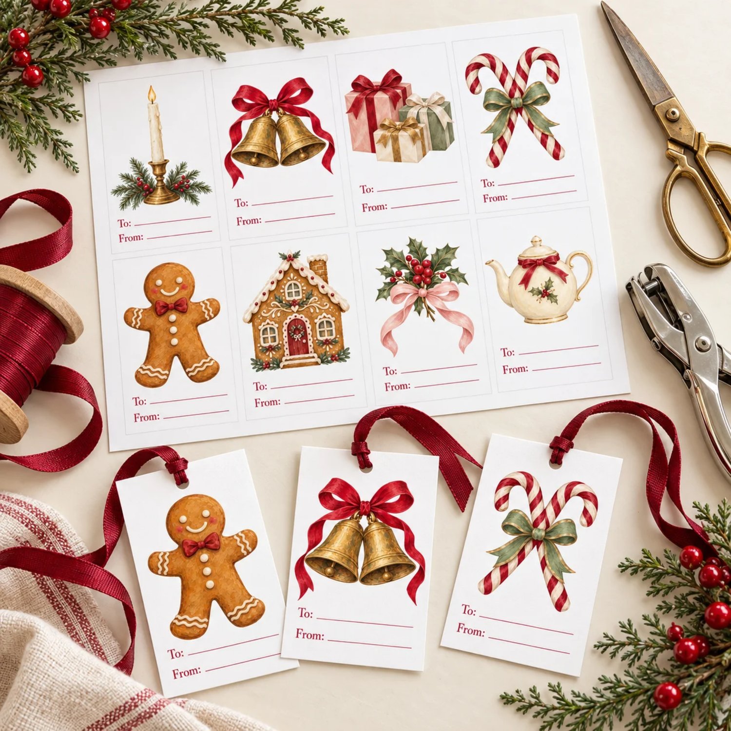 Three printable sheets with 24 Christmas gift tags featuring Santa, a reindeer, gingerbread, trees and cozy vintage illustrations with To and From lines.