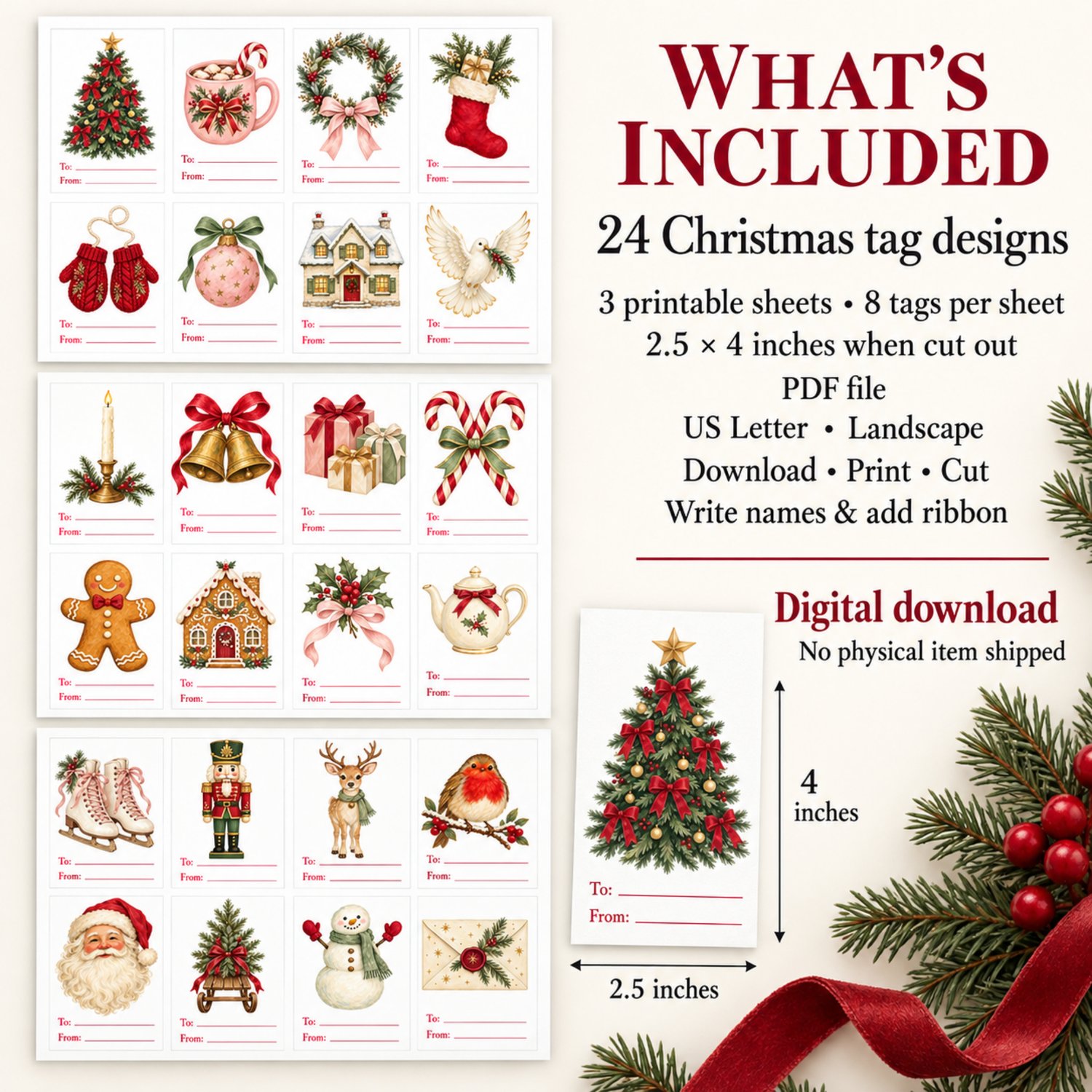 Three printable sheets with 24 Christmas gift tags featuring Santa, a reindeer, gingerbread, trees and cozy vintage illustrations with To and From lines.