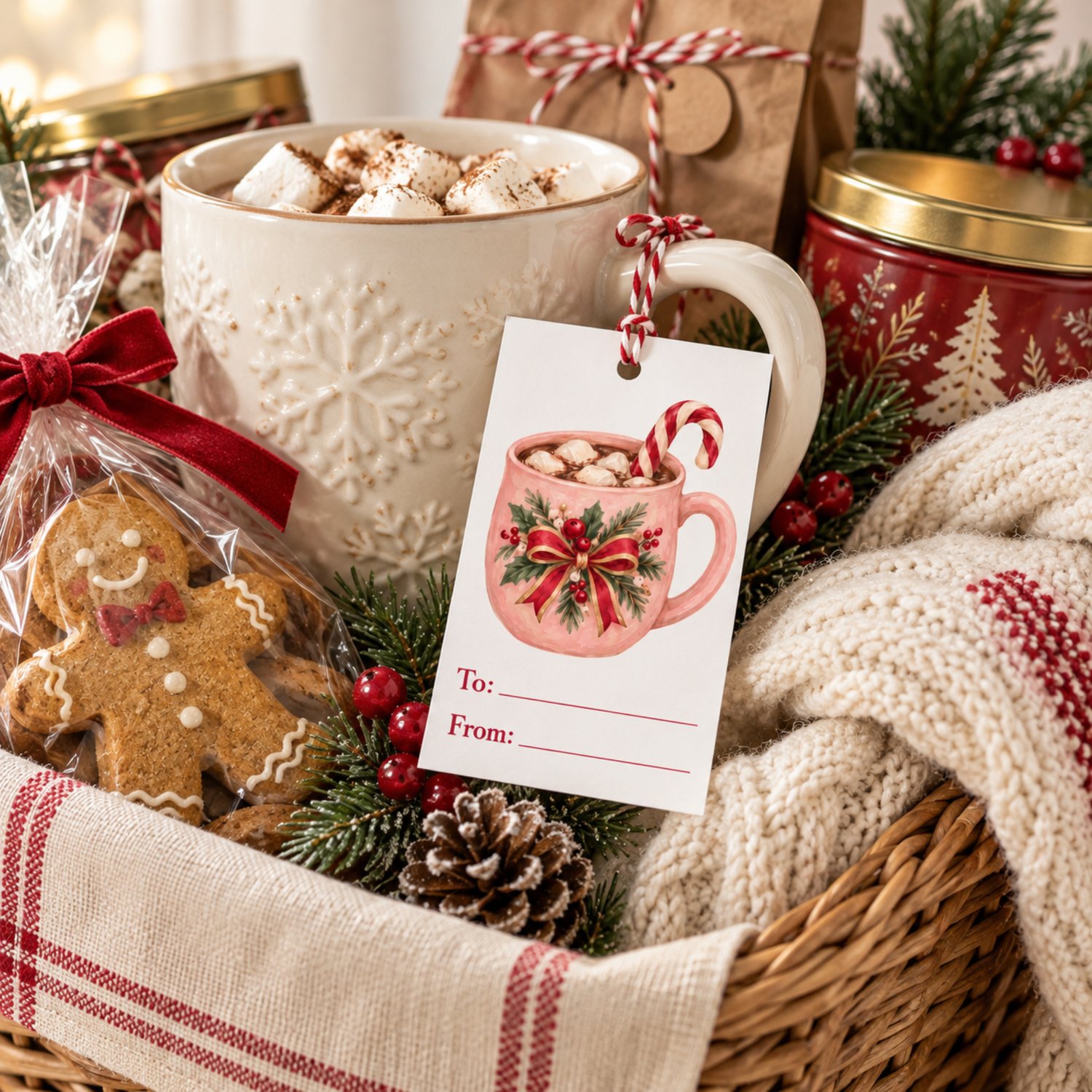 Three printable sheets with 24 Christmas gift tags featuring Santa, a reindeer, gingerbread, trees and cozy vintage illustrations with To and From lines.