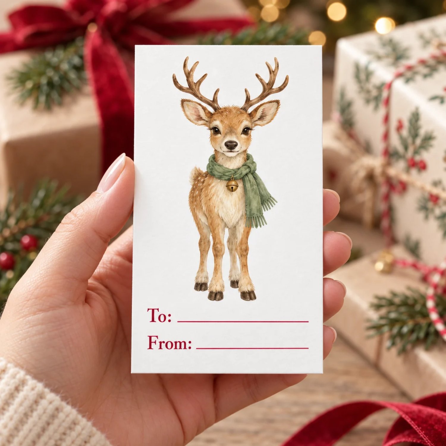 Three printable sheets with 24 Christmas gift tags featuring Santa, a reindeer, gingerbread, trees and cozy vintage illustrations with To and From lines.
