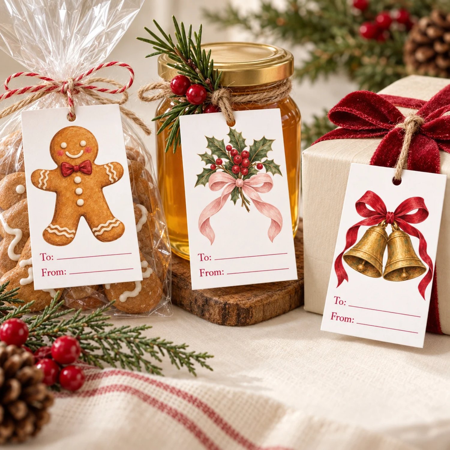 Three printable sheets with 24 Christmas gift tags featuring Santa, a reindeer, gingerbread, trees and cozy vintage illustrations with To and From lines.