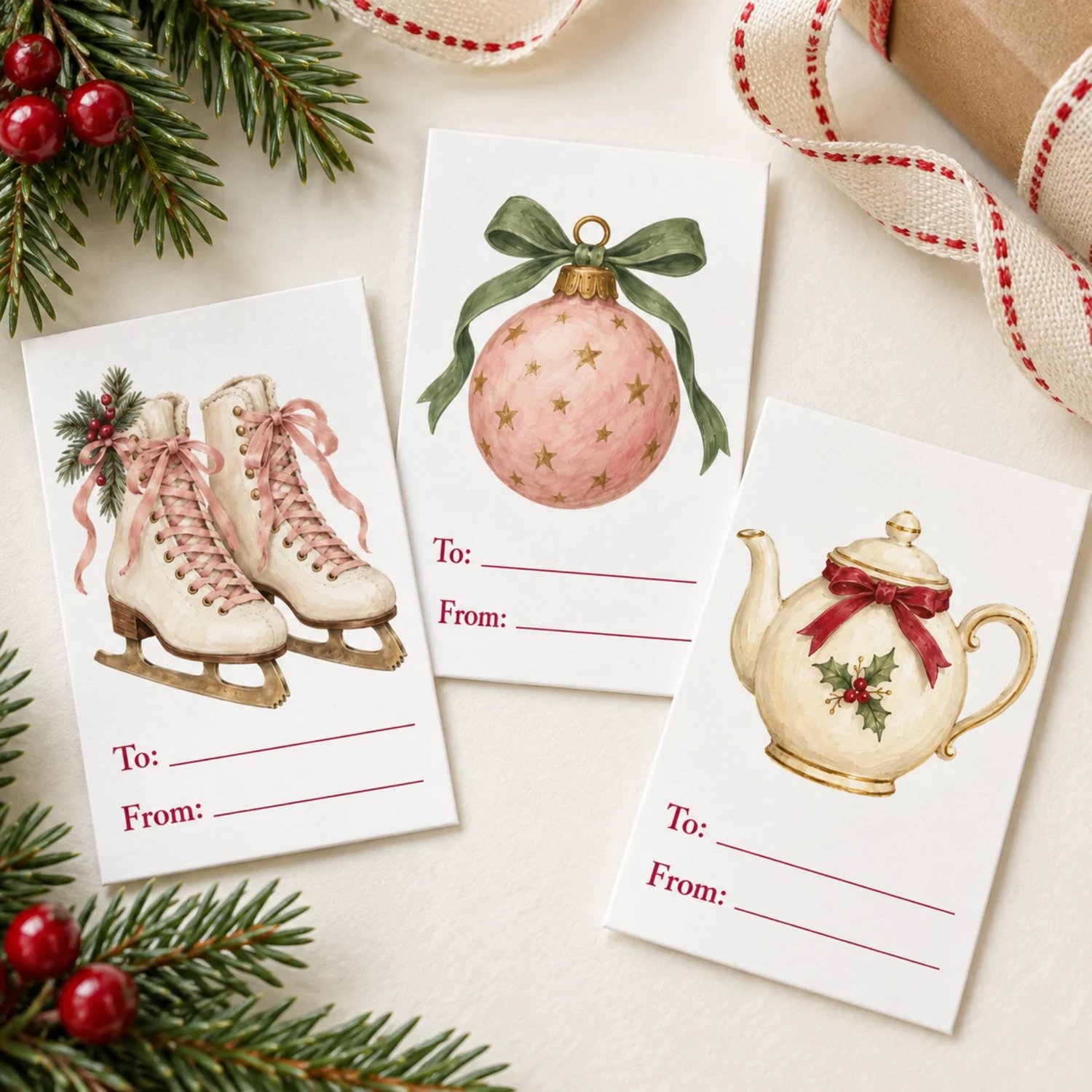 Three printable sheets with 24 Christmas gift tags featuring Santa, a reindeer, gingerbread, trees and cozy vintage illustrations with To and From lines.