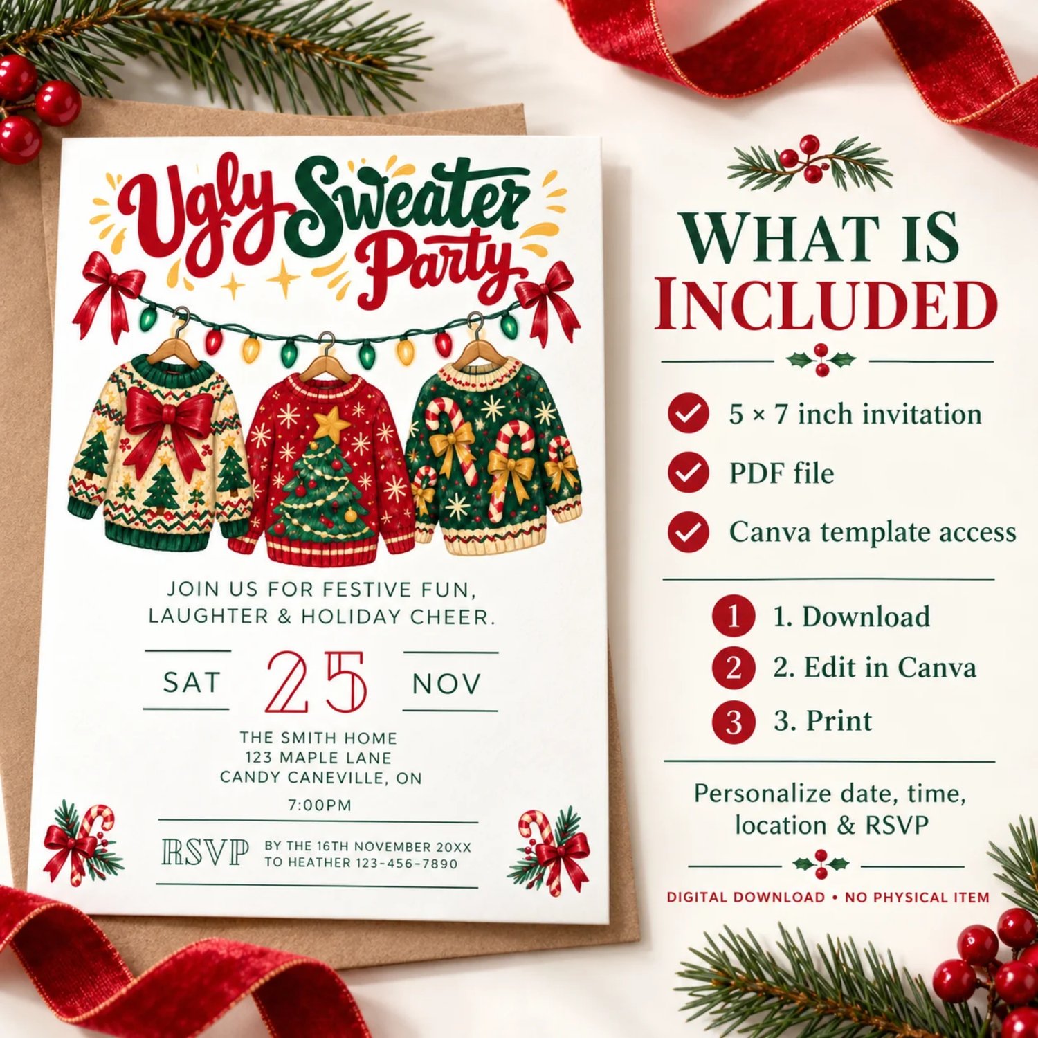 Portrait 5 × 7 inch Ugly Sweater Party Festive Fun invitation with a Christmas party theme and space for personalised event details.