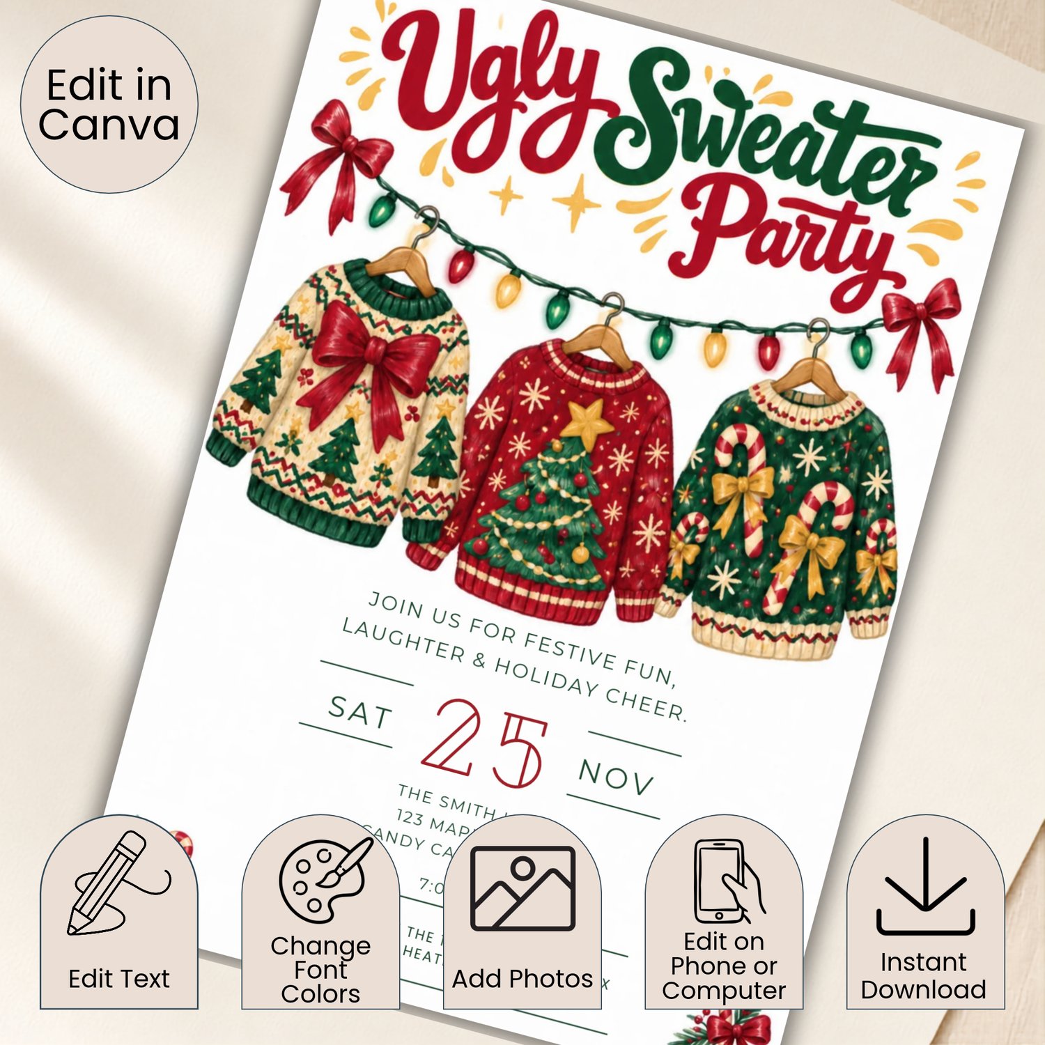 Portrait 5 × 7 inch Ugly Sweater Party Festive Fun invitation with a Christmas party theme and space for personalised event details.