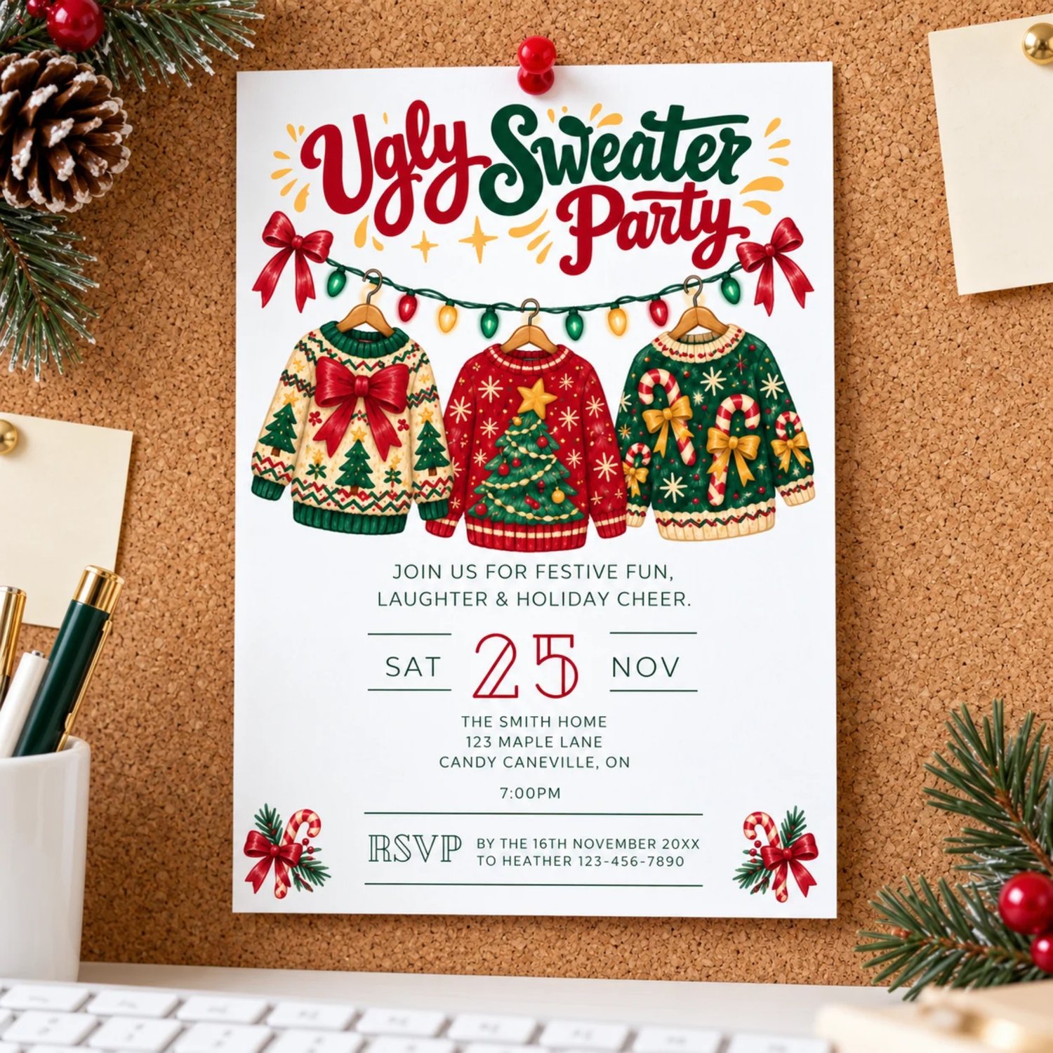 Portrait 5 × 7 inch Ugly Sweater Party Festive Fun invitation with a Christmas party theme and space for personalised event details.