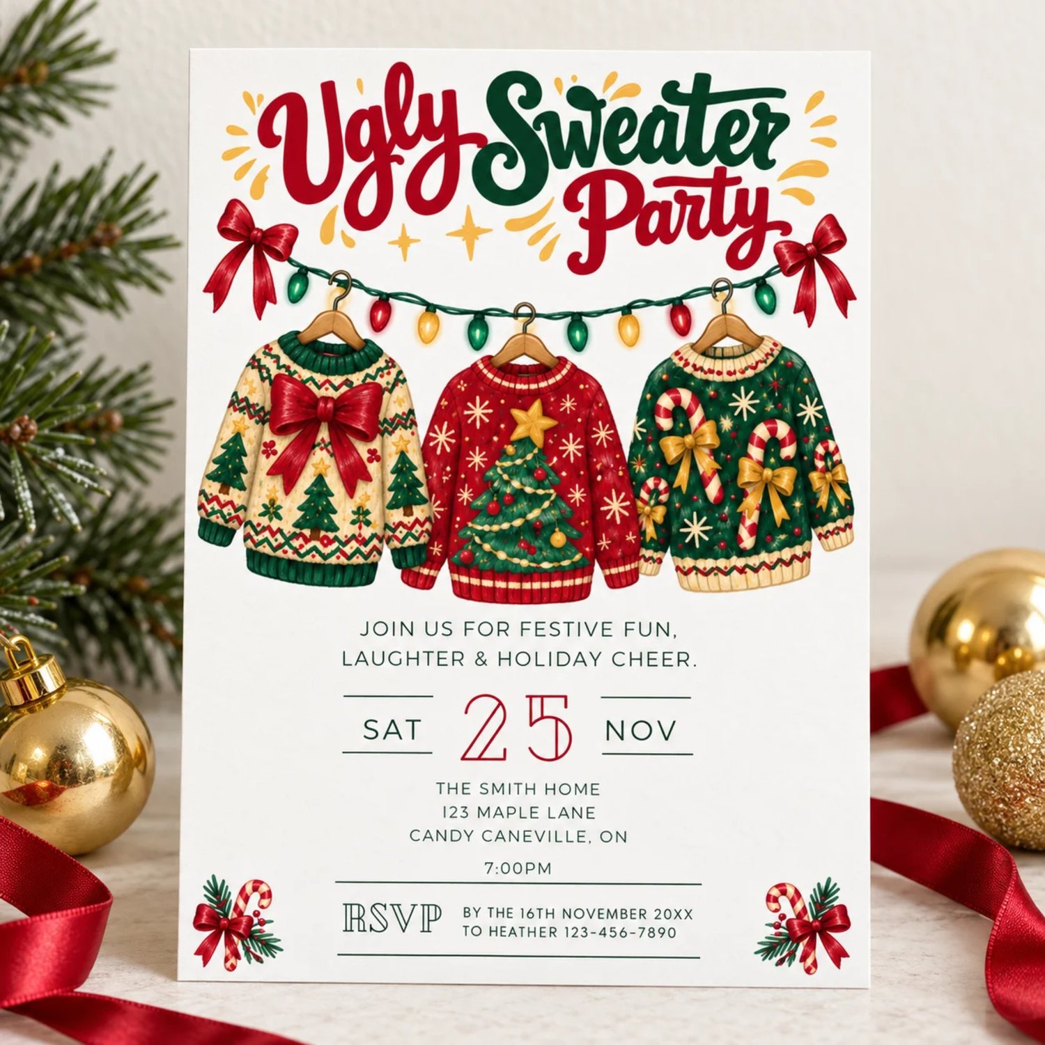 Portrait 5 × 7 inch Ugly Sweater Party Festive Fun invitation with a Christmas party theme and space for personalised event details.