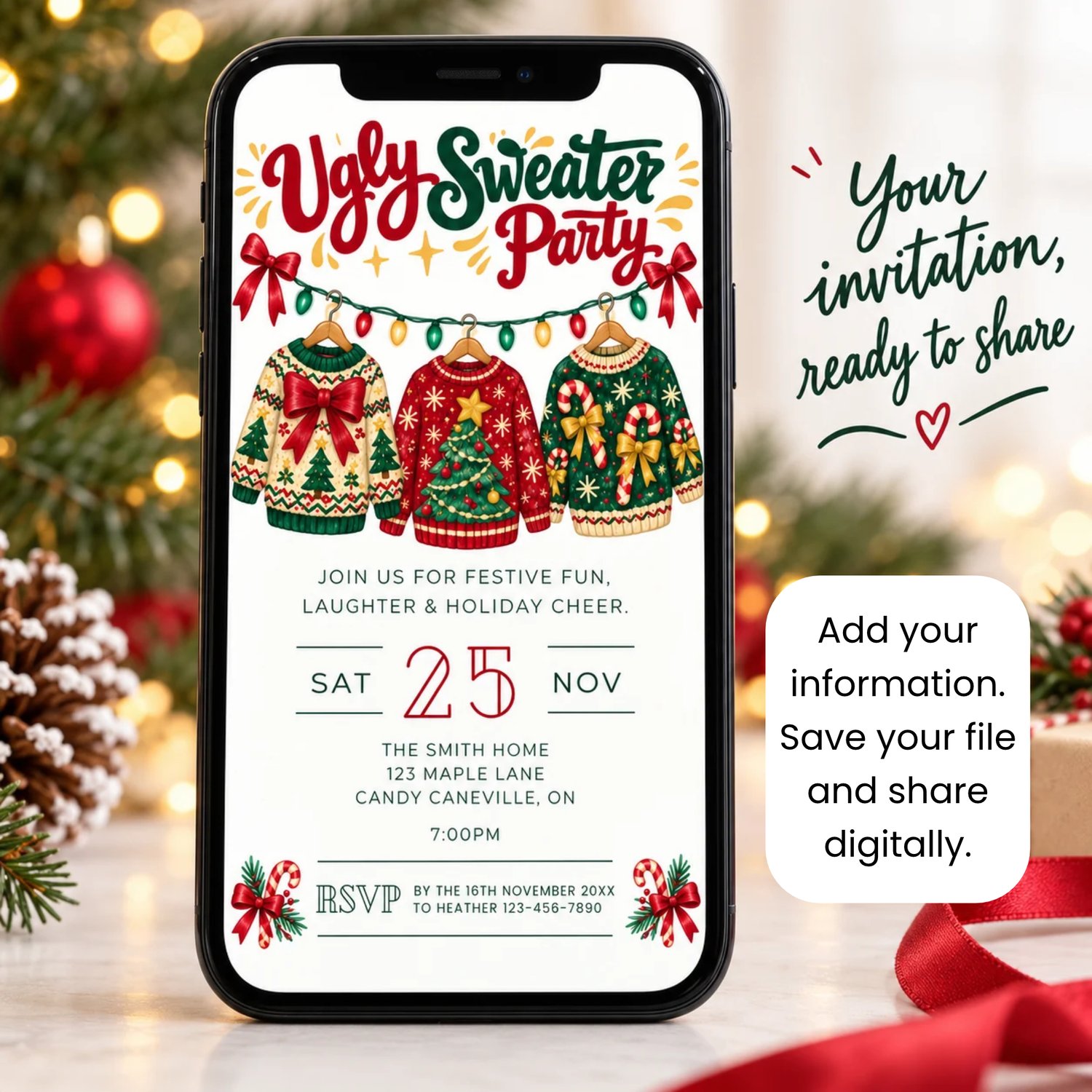 Portrait 5 × 7 inch Ugly Sweater Party Festive Fun invitation with a Christmas party theme and space for personalised event details.