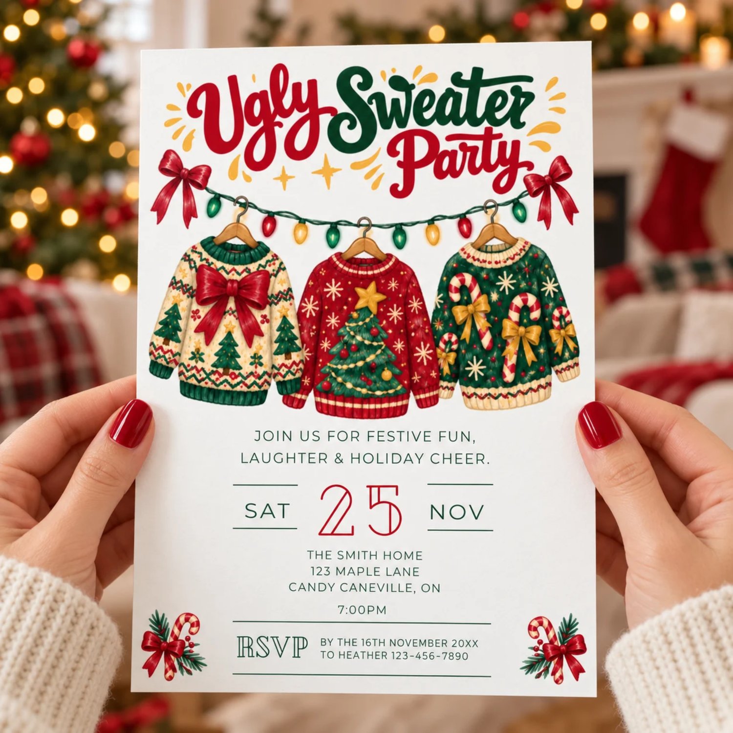 Portrait 5 × 7 inch Ugly Sweater Party Festive Fun invitation with a Christmas party theme and space for personalised event details.