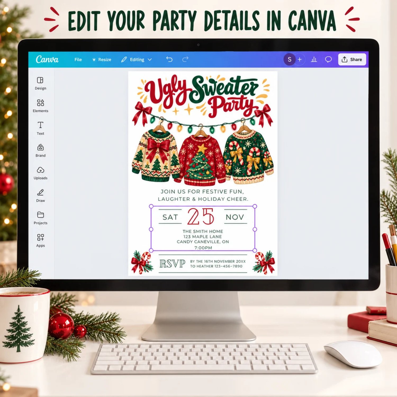 Portrait 5 × 7 inch Ugly Sweater Party Festive Fun invitation with a Christmas party theme and space for personalised event details.