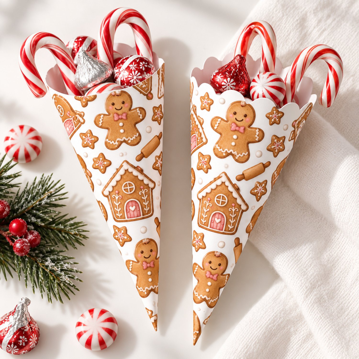 Smooth and scalloped printable treat cone templates with gingerbread people, iced houses, rolling pins and star cookies in brown and pink on white.