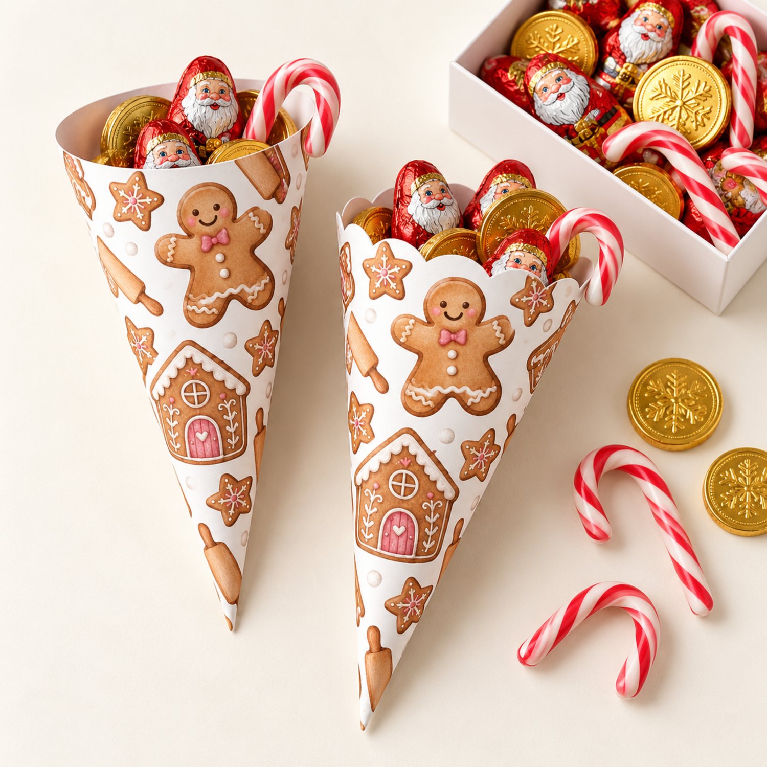 Smooth and scalloped printable treat cone templates with gingerbread people, iced houses, rolling pins and star cookies in brown and pink on white.
