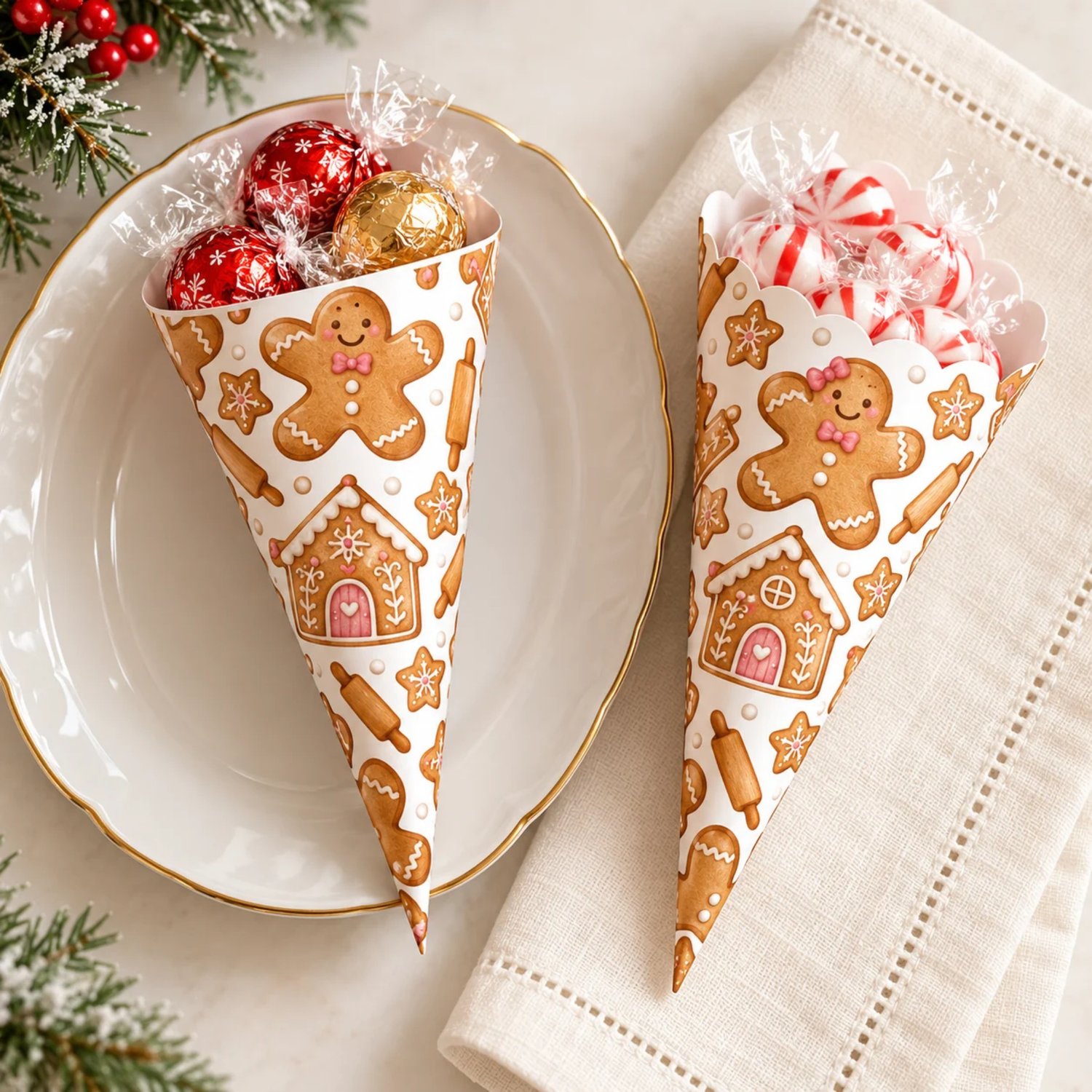 Smooth and scalloped printable treat cone templates with gingerbread people, iced houses, rolling pins and star cookies in brown and pink on white.