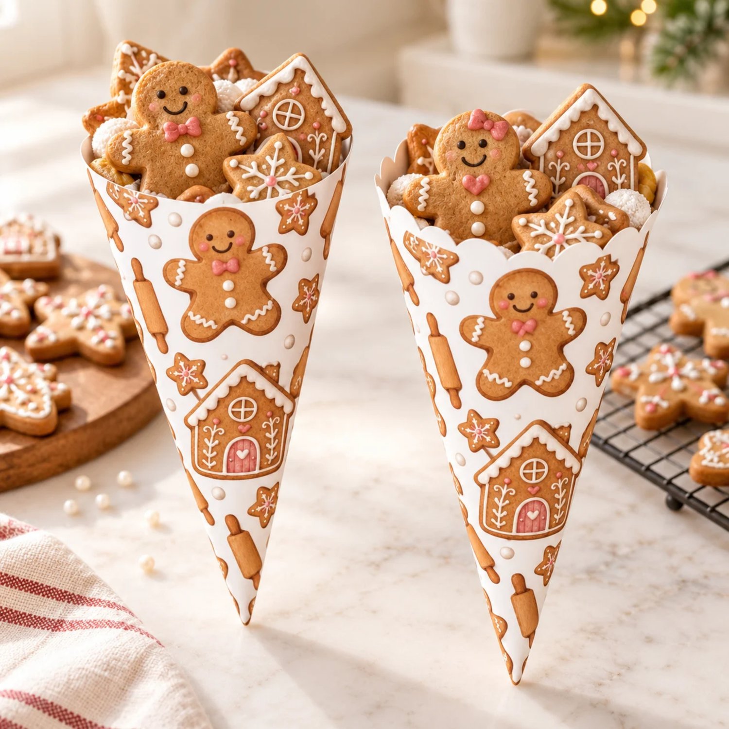 Smooth and scalloped printable treat cone templates with gingerbread people, iced houses, rolling pins and star cookies in brown and pink on white.