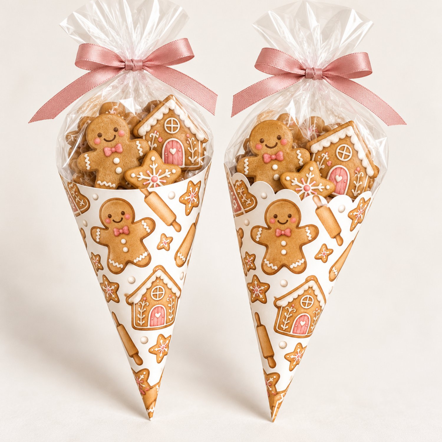 Smooth and scalloped printable treat cone templates with gingerbread people, iced houses, rolling pins and star cookies in brown and pink on white.