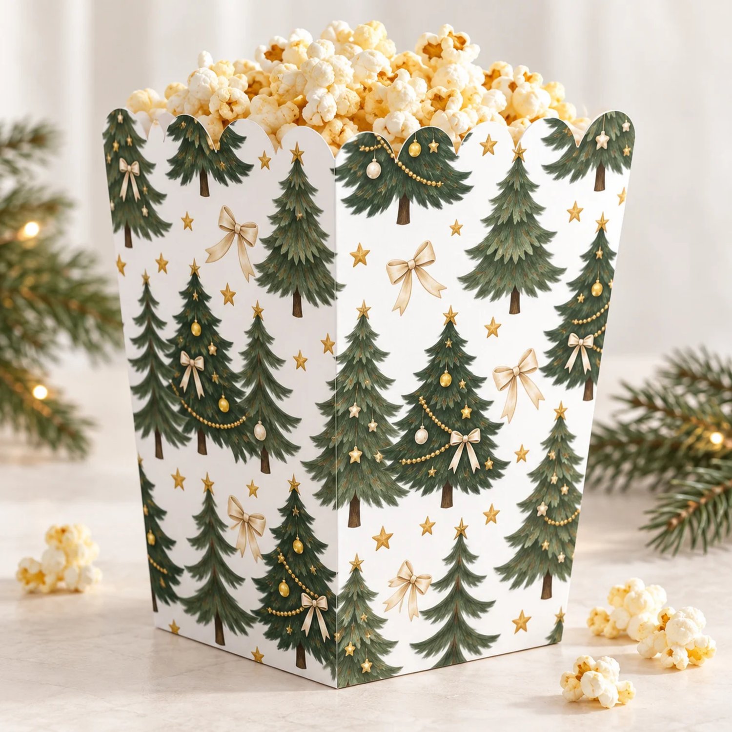 Printable popcorn box, scalloped treat cone and smooth treat cone templates featuring green Christmas trees, cream bows and gold stars on a white background.