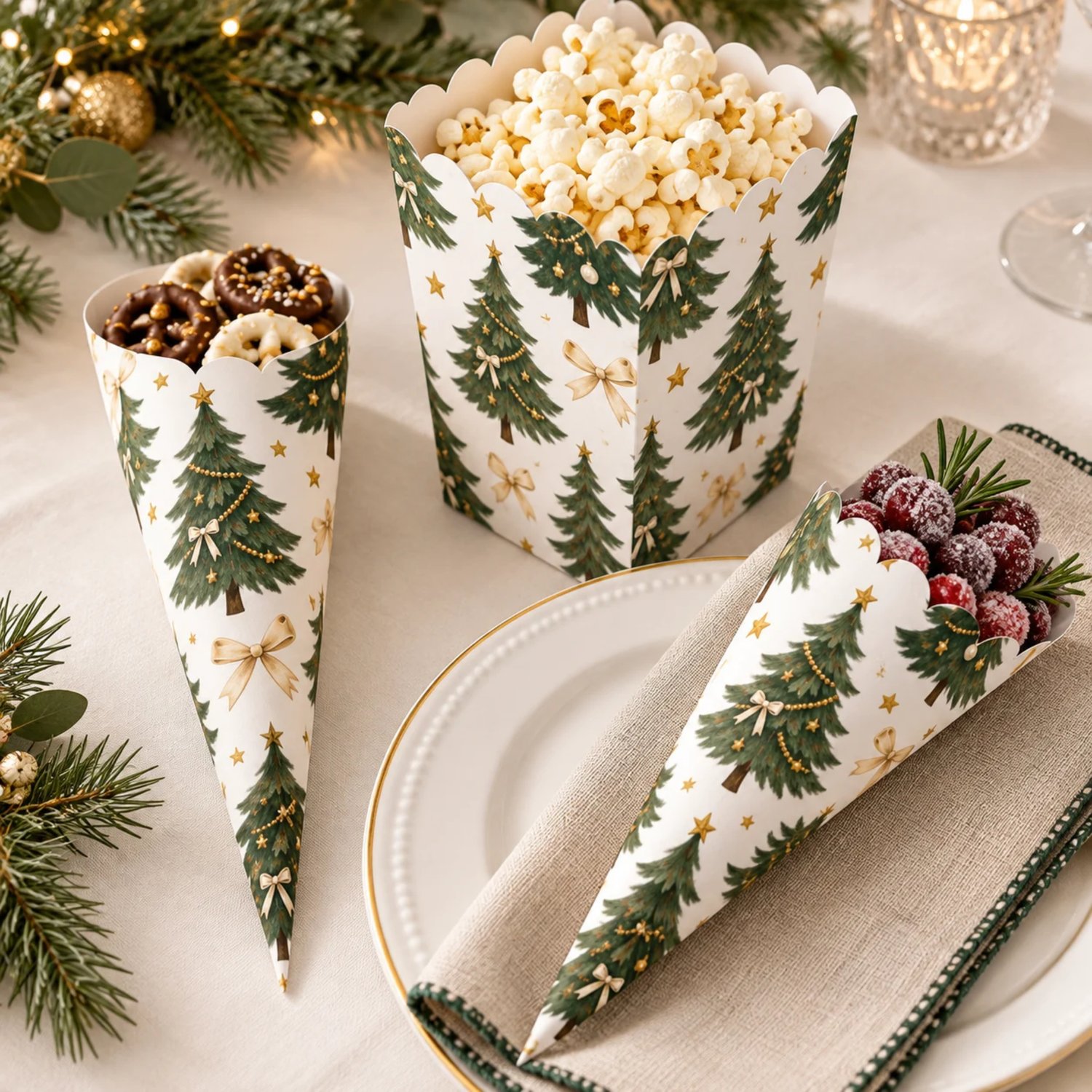 Printable popcorn box, scalloped treat cone and smooth treat cone templates featuring green Christmas trees, cream bows and gold stars on a white background.