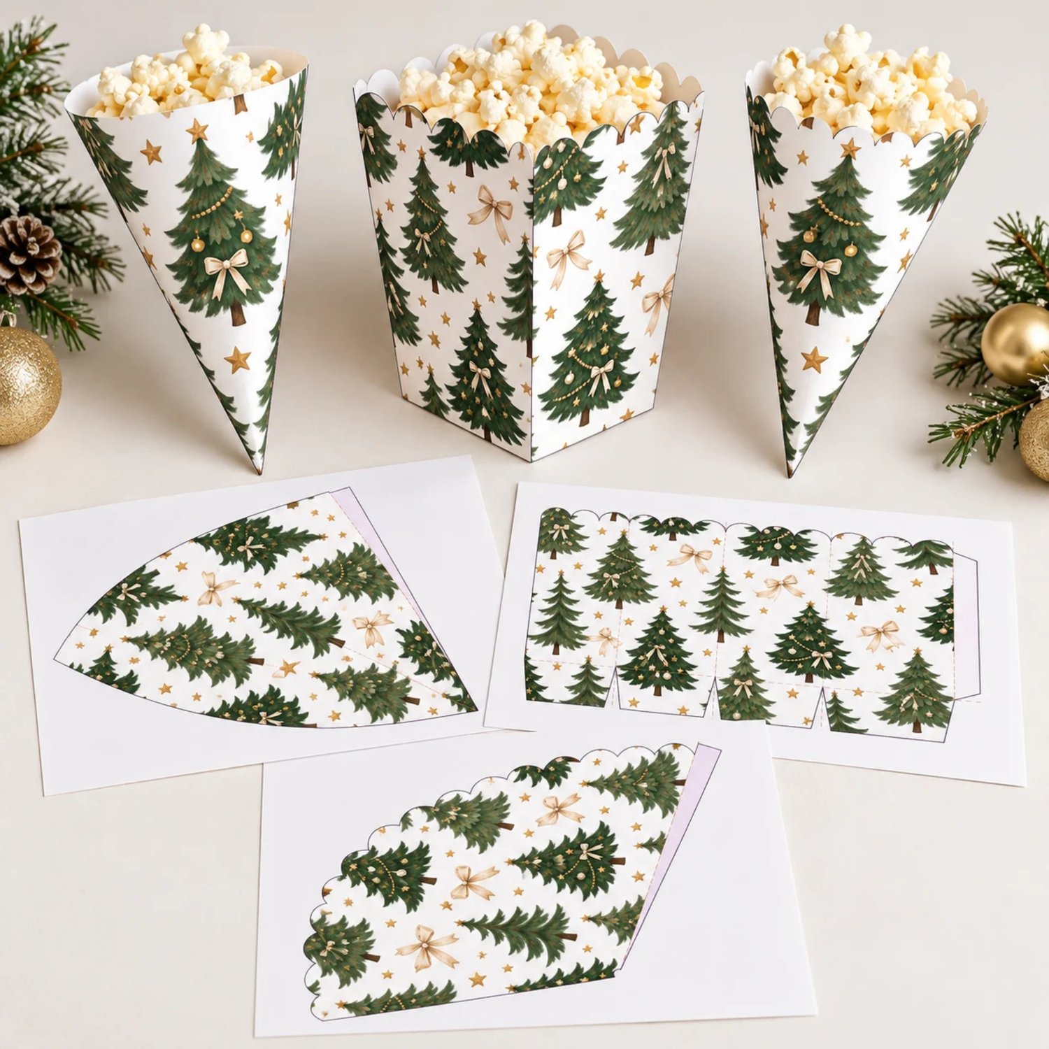 Printable popcorn box, scalloped treat cone and smooth treat cone templates featuring green Christmas trees, cream bows and gold stars on a white background.