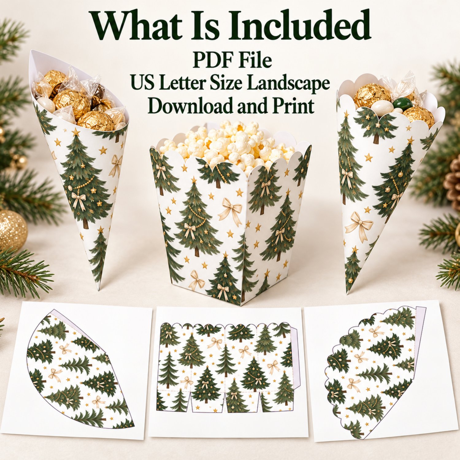 Printable popcorn box, scalloped treat cone and smooth treat cone templates featuring green Christmas trees, cream bows and gold stars on a white background.