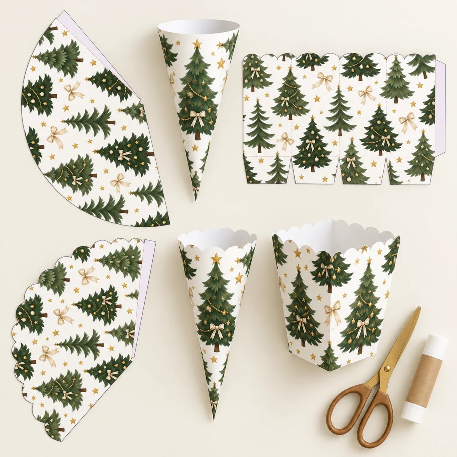 Printable popcorn box, scalloped treat cone and smooth treat cone templates featuring green Christmas trees, cream bows and gold stars on a white background.