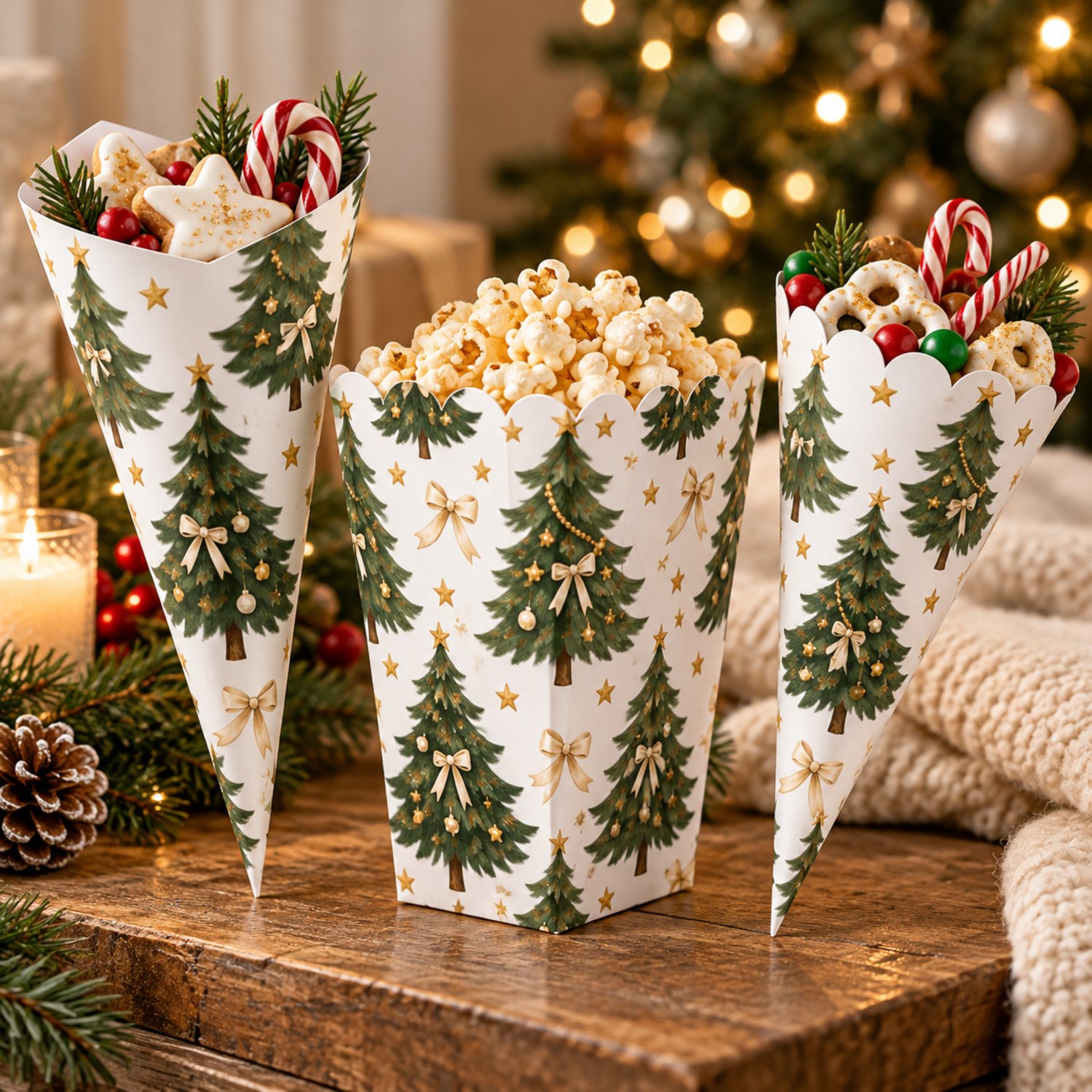 Printable popcorn box, scalloped treat cone and smooth treat cone templates featuring green Christmas trees, cream bows and gold stars on a white background.