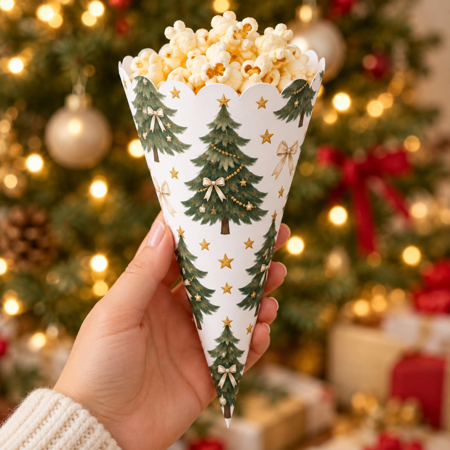 Printable popcorn box, scalloped treat cone and smooth treat cone templates featuring green Christmas trees, cream bows and gold stars on a white background.