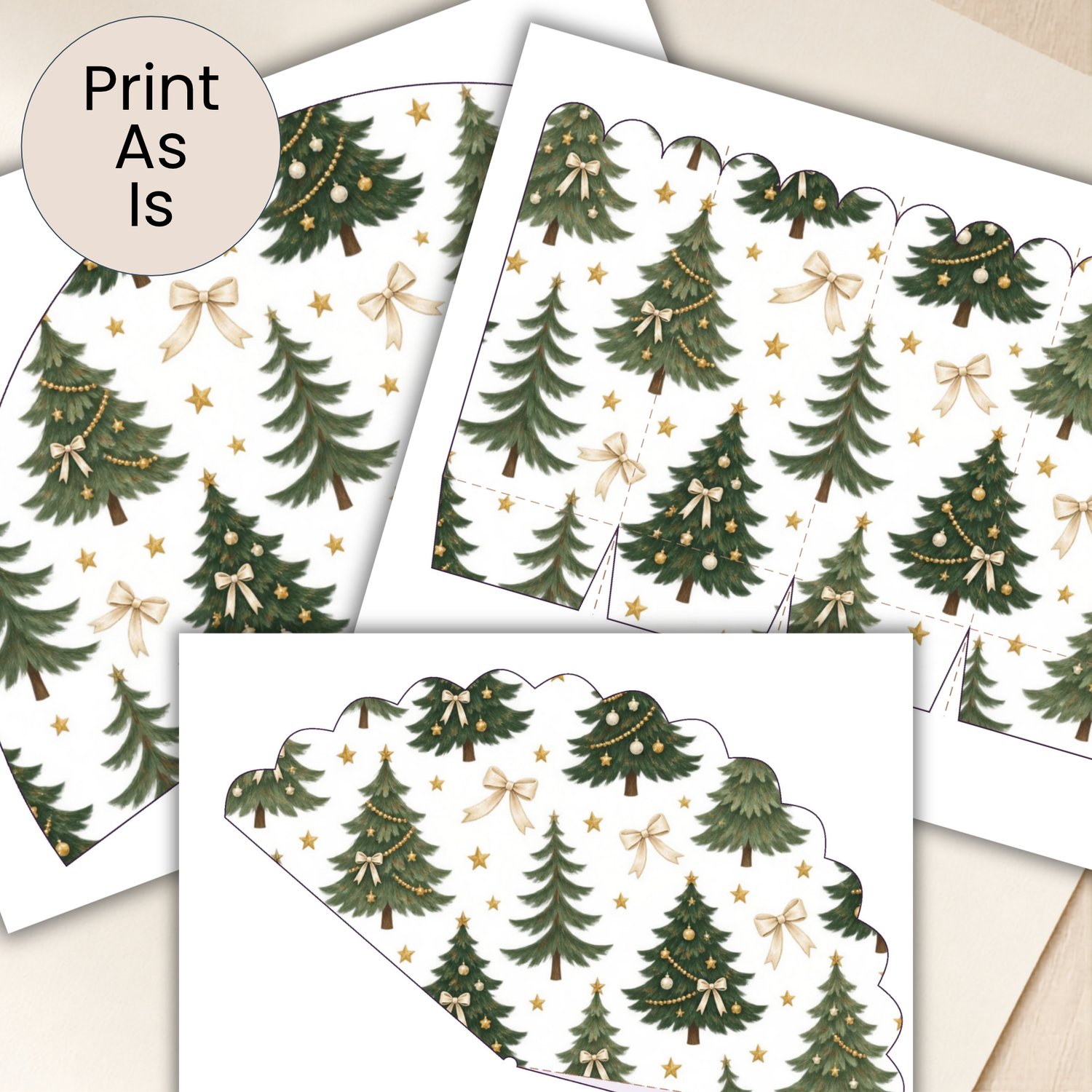 Printable popcorn box, scalloped treat cone and smooth treat cone templates featuring green Christmas trees, cream bows and gold stars on a white background.