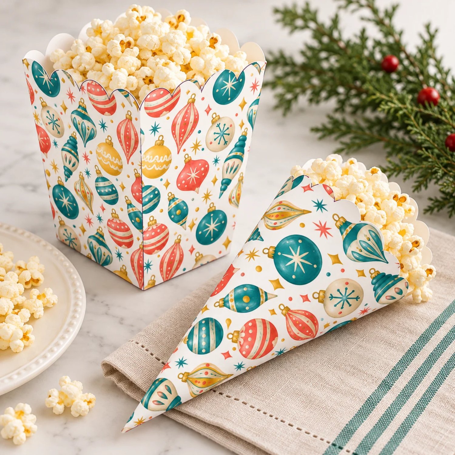 Retro Christmas printable popcorn box, scalloped cone and smooth-edge cone templates with teal, coral, gold and ivory ornaments and starbursts on white.