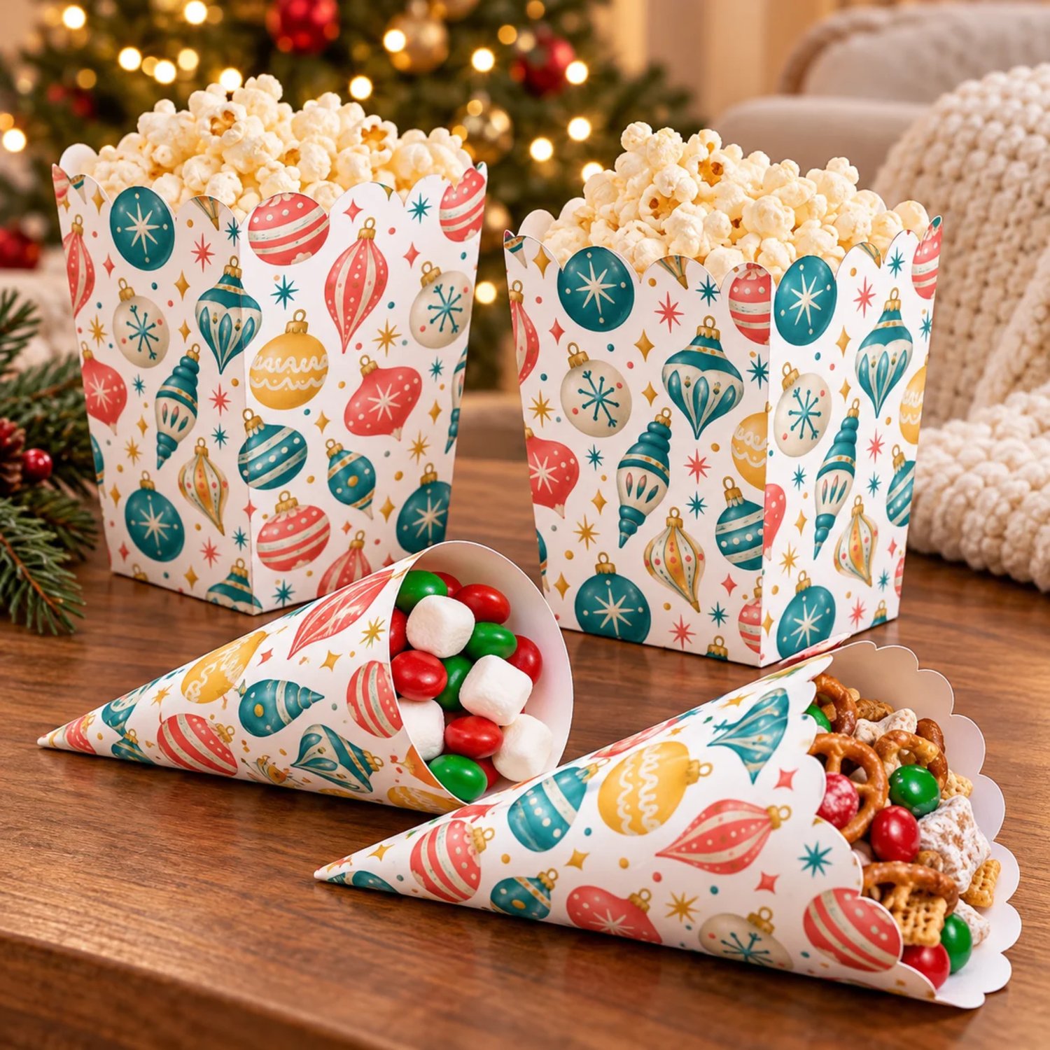 Retro Christmas printable popcorn box, scalloped cone and smooth-edge cone templates with teal, coral, gold and ivory ornaments and starbursts on white.