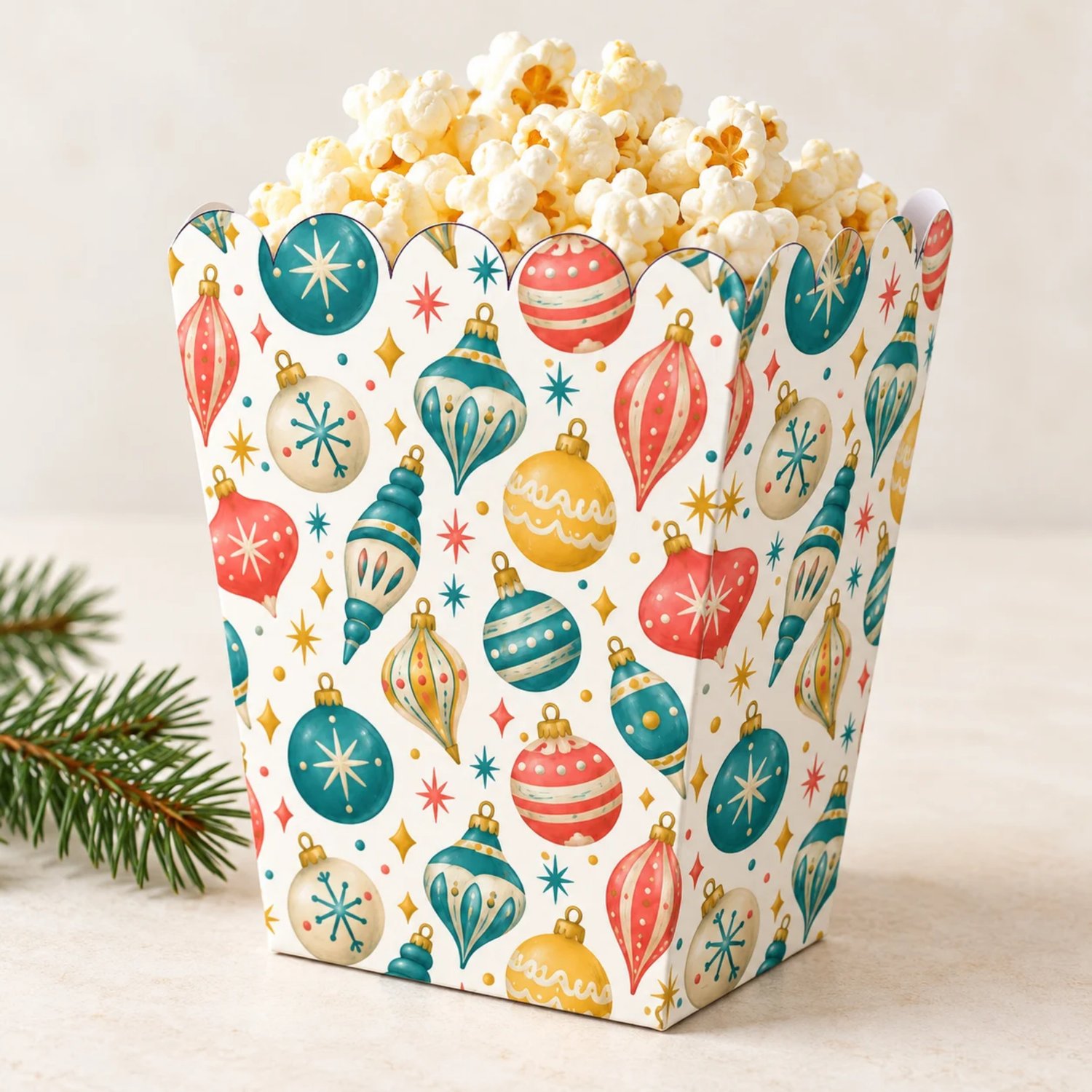 Retro Christmas printable popcorn box, scalloped cone and smooth-edge cone templates with teal, coral, gold and ivory ornaments and starbursts on white.