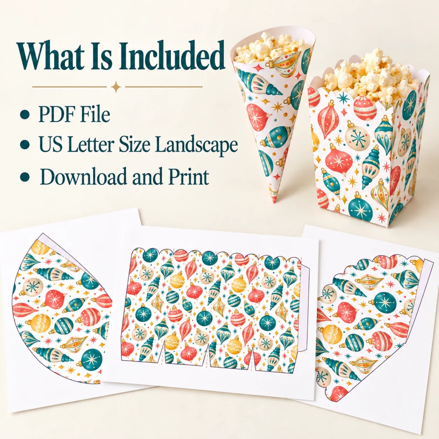 Retro Christmas printable popcorn box, scalloped cone and smooth-edge cone templates with teal, coral, gold and ivory ornaments and starbursts on white.