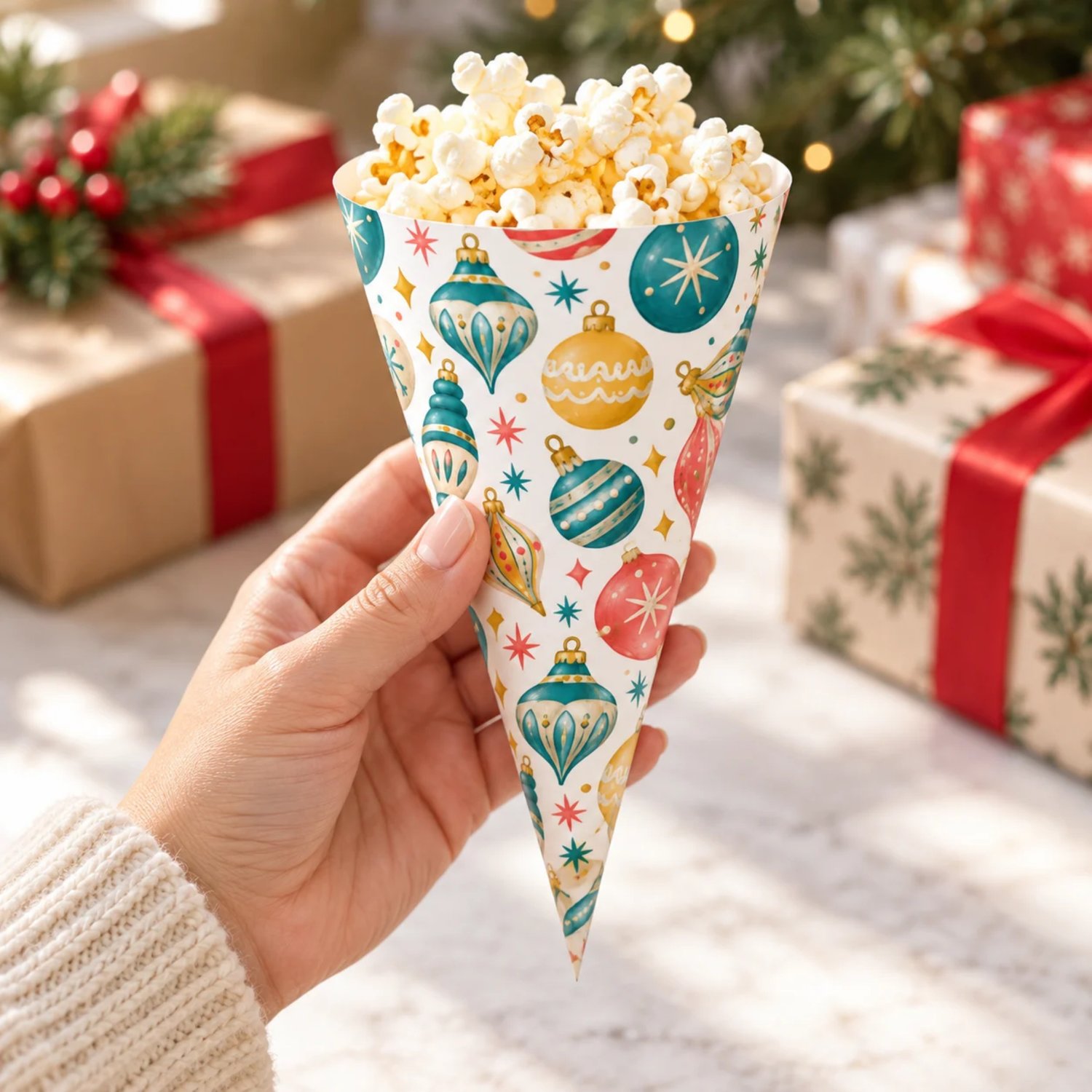 Retro Christmas printable popcorn box, scalloped cone and smooth-edge cone templates with teal, coral, gold and ivory ornaments and starbursts on white.