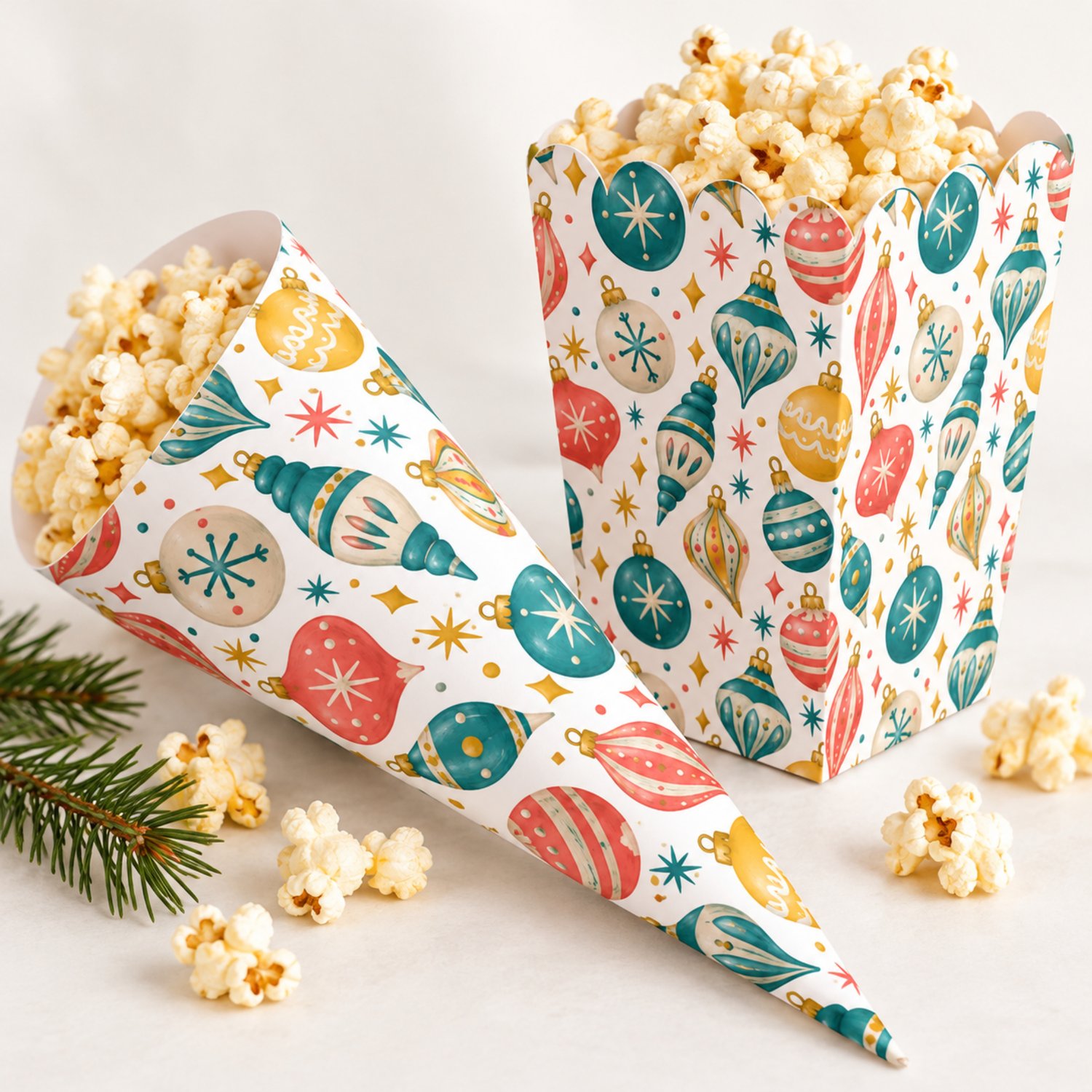 Retro Christmas printable popcorn box, scalloped cone and smooth-edge cone templates with teal, coral, gold and ivory ornaments and starbursts on white.