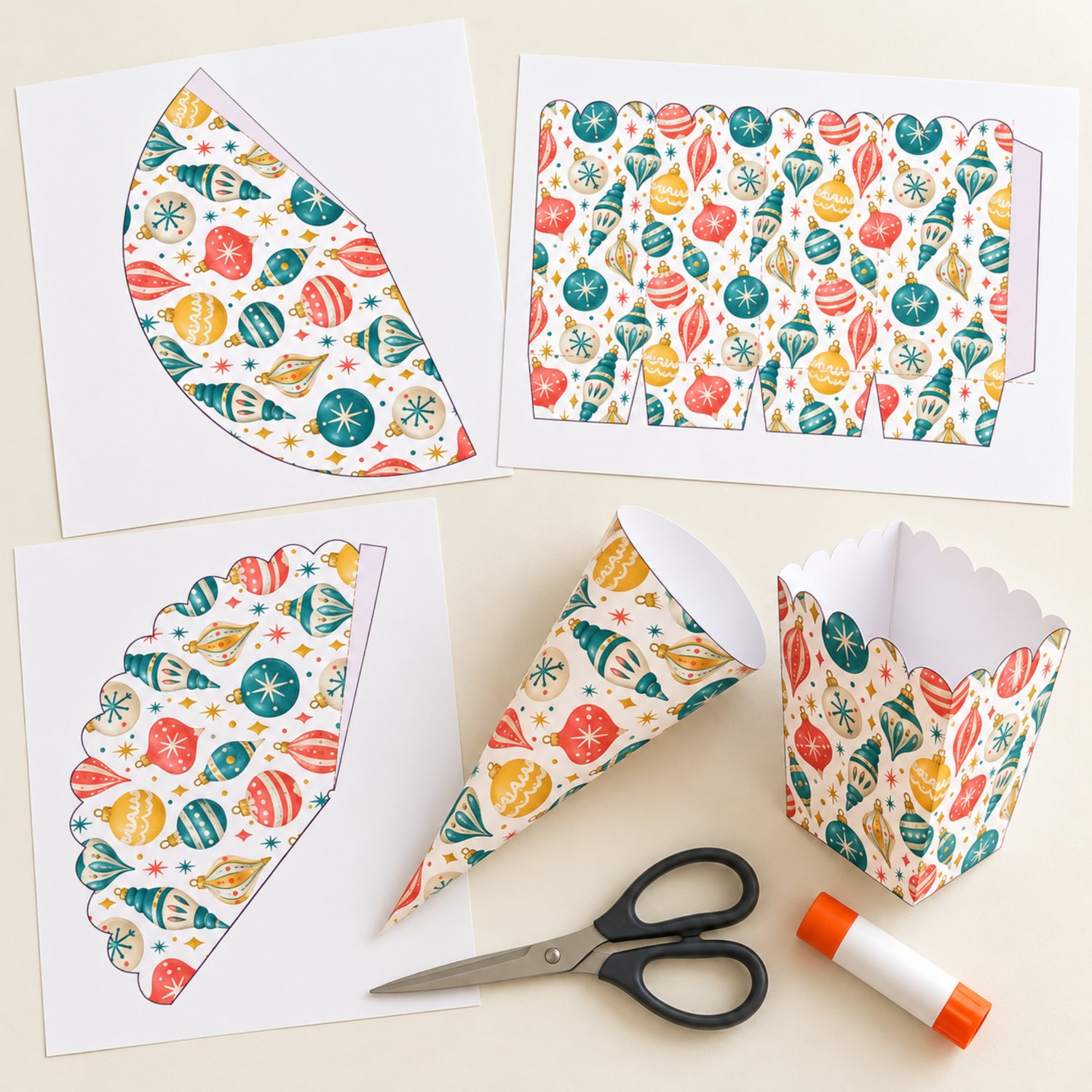 Retro Christmas printable popcorn box, scalloped cone and smooth-edge cone templates with teal, coral, gold and ivory ornaments and starbursts on white.