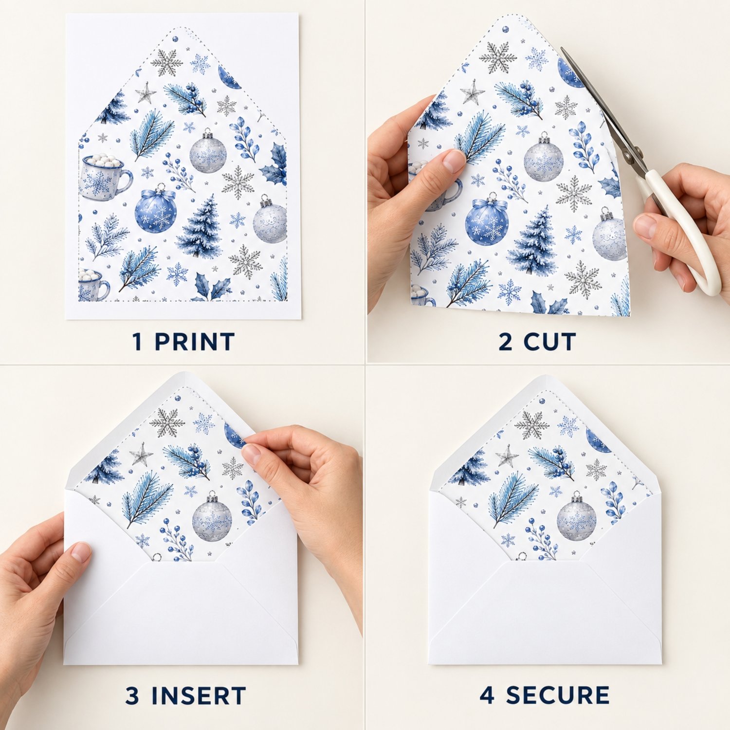 Printable blue and silver Christmas envelope liner set displayed in 12 labelled sizes for holiday cards, winter wedding invitations and festive stationery.