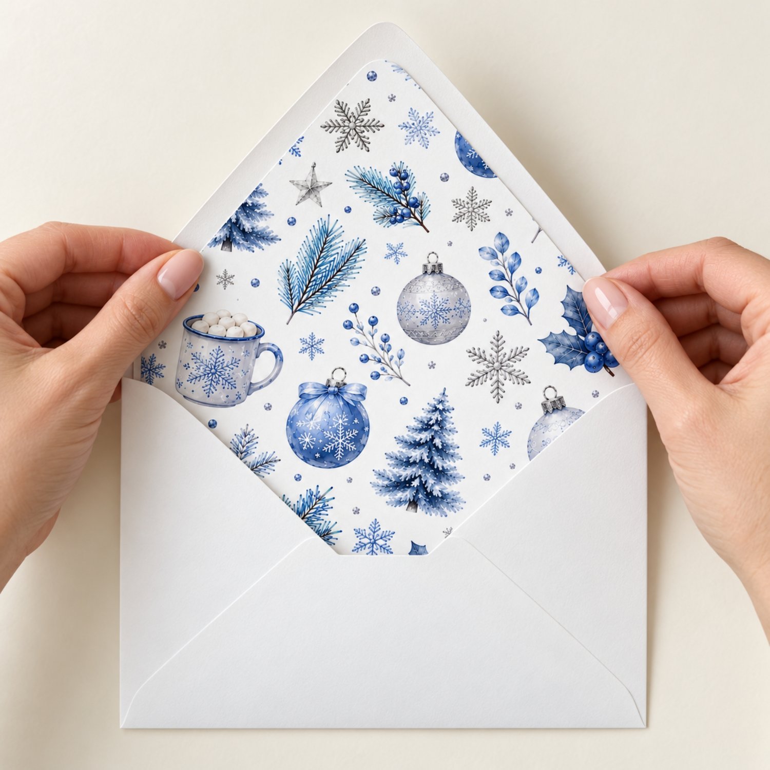Printable blue and silver Christmas envelope liner set displayed in 12 labelled sizes for holiday cards, winter wedding invitations and festive stationery.
