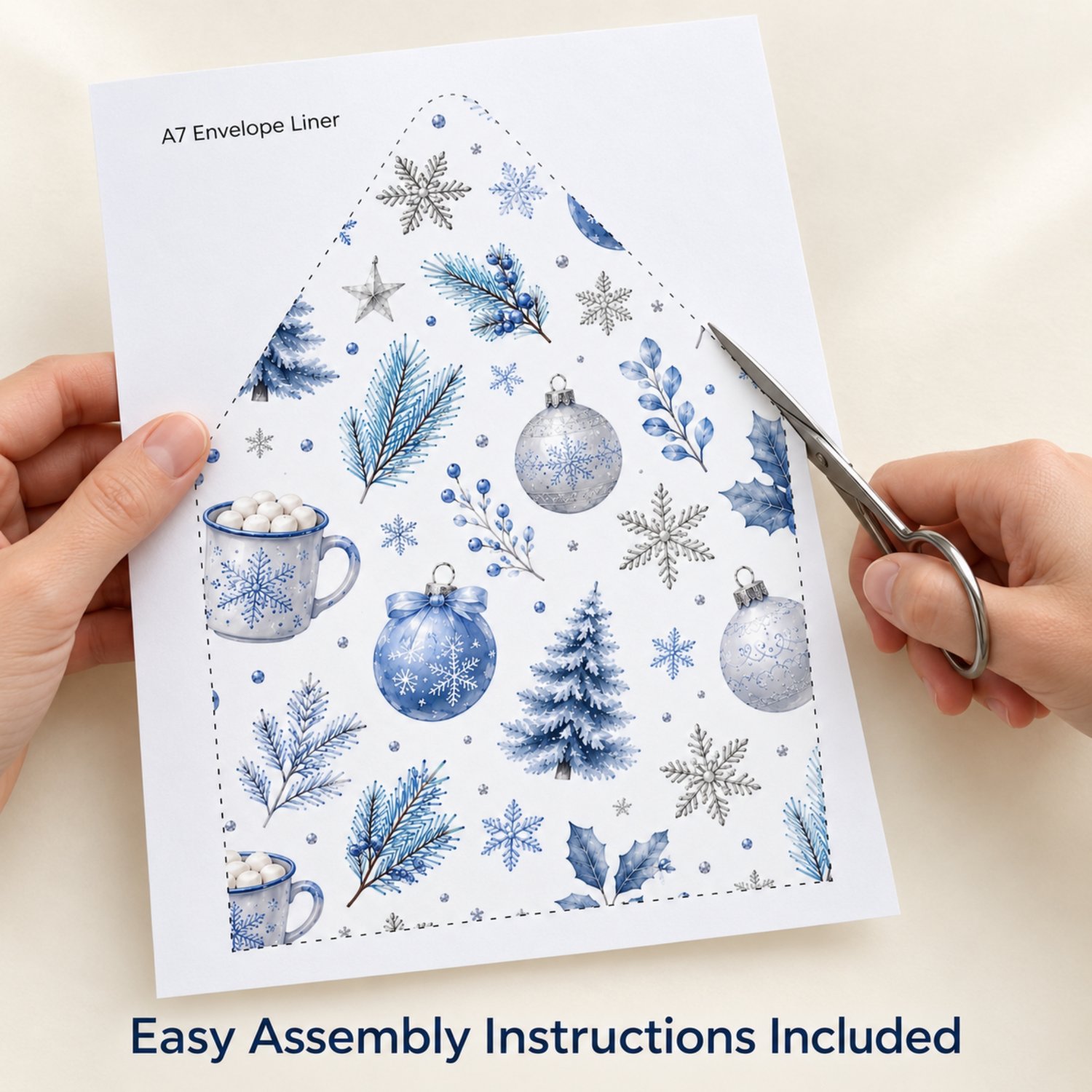 Printable blue and silver Christmas envelope liner set displayed in 12 labelled sizes for holiday cards, winter wedding invitations and festive stationery.