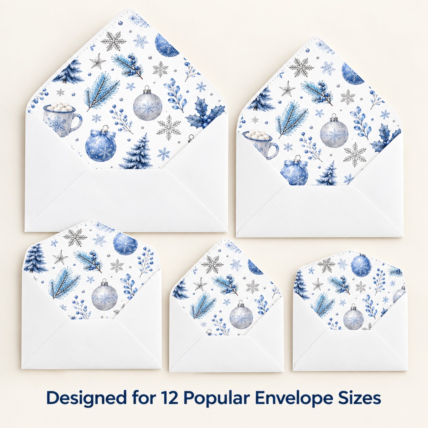 Printable blue and silver Christmas envelope liner set displayed in 12 labelled sizes for holiday cards, winter wedding invitations and festive stationery.