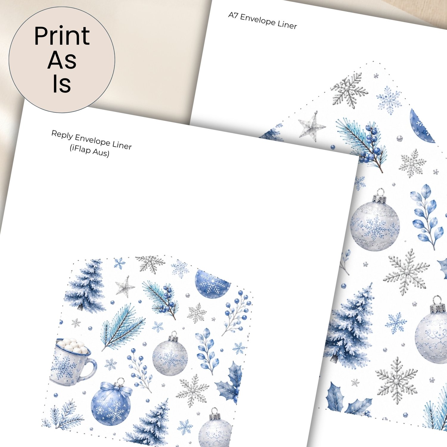 Printable blue and silver Christmas envelope liner set displayed in 12 labelled sizes for holiday cards, winter wedding invitations and festive stationery.
