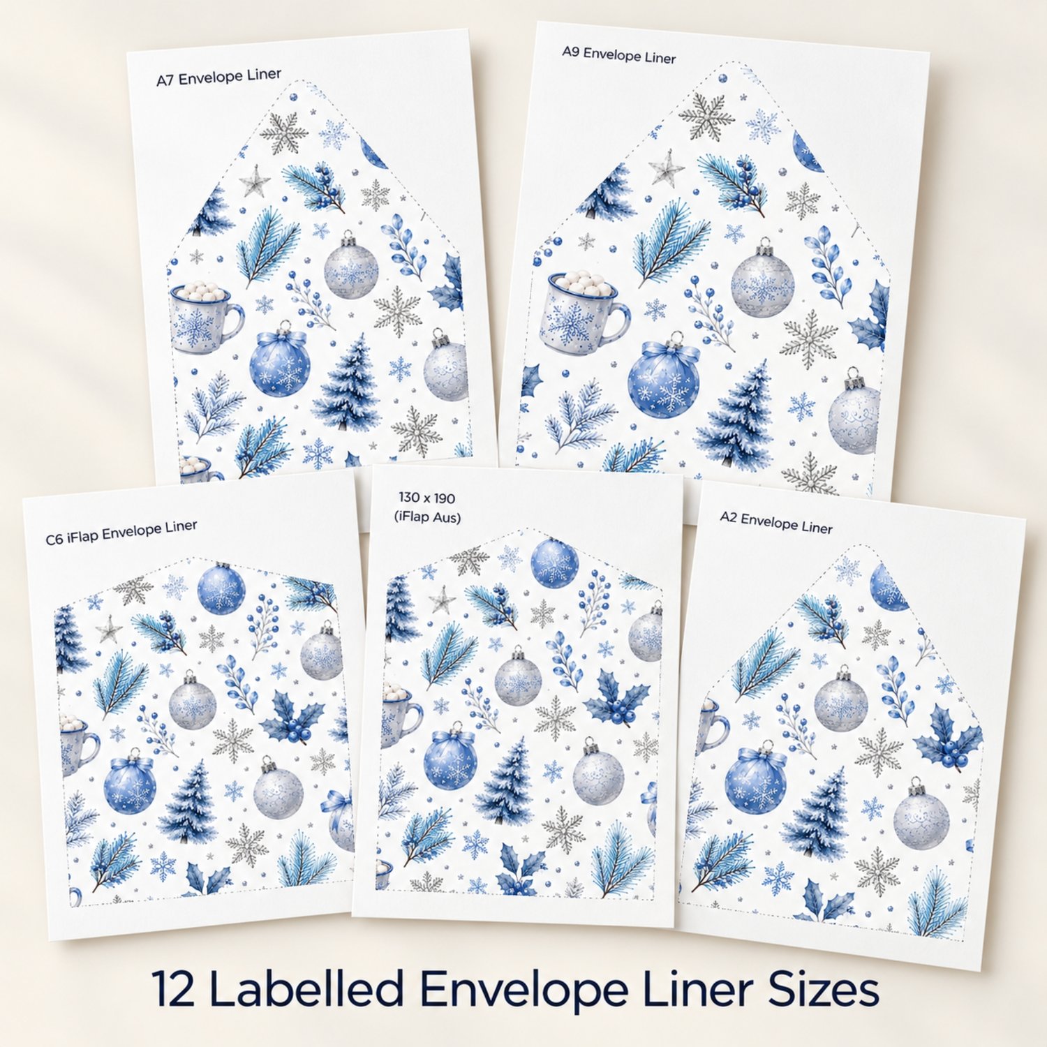 Printable blue and silver Christmas envelope liner set displayed in 12 labelled sizes for holiday cards, winter wedding invitations and festive stationery.