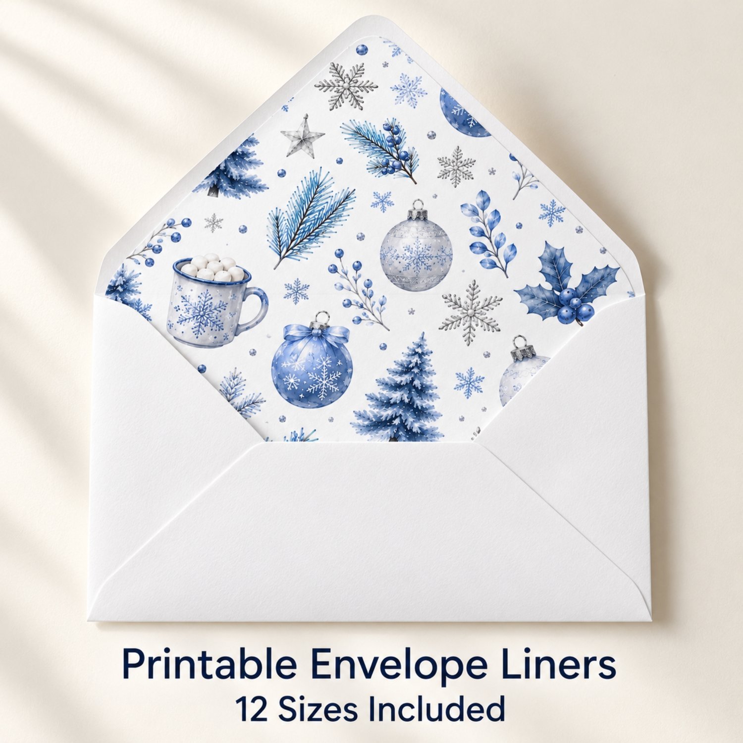 Printable blue and silver Christmas envelope liner set displayed in 12 labelled sizes for holiday cards, winter wedding invitations and festive stationery.