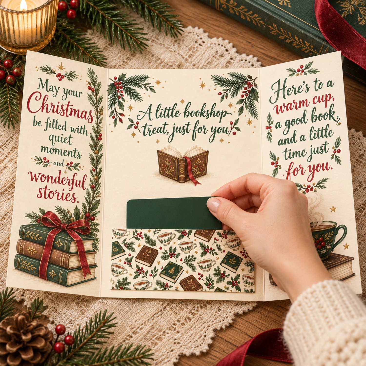 Cozy Christmas gift card holder shown open and closed, with books, teacups, evergreen sprigs, cranberry bows, an inside gift card pocket, and matching belly band.