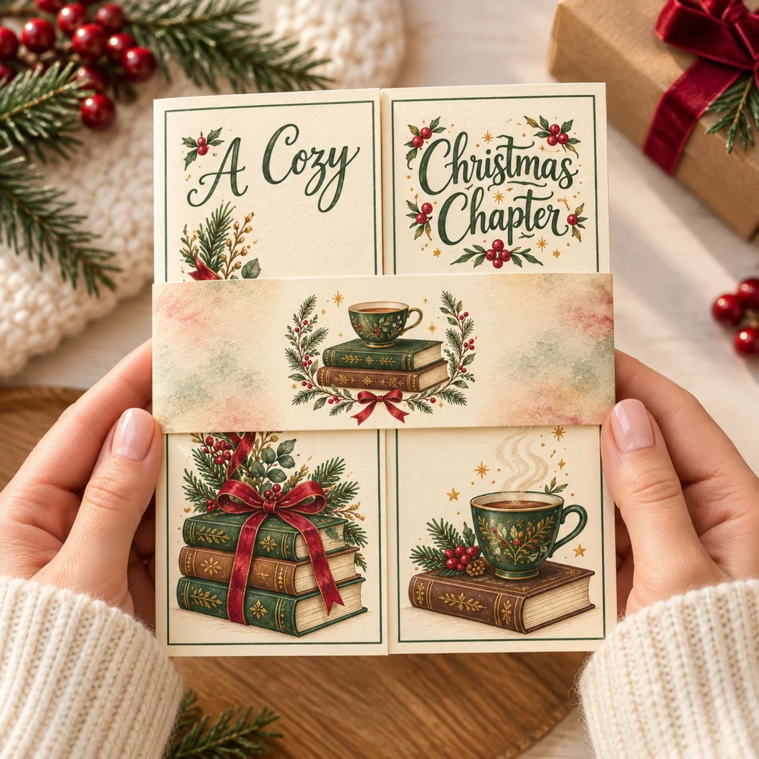 Cozy Christmas gift card holder shown open and closed, with books, teacups, evergreen sprigs, cranberry bows, an inside gift card pocket, and matching belly band.