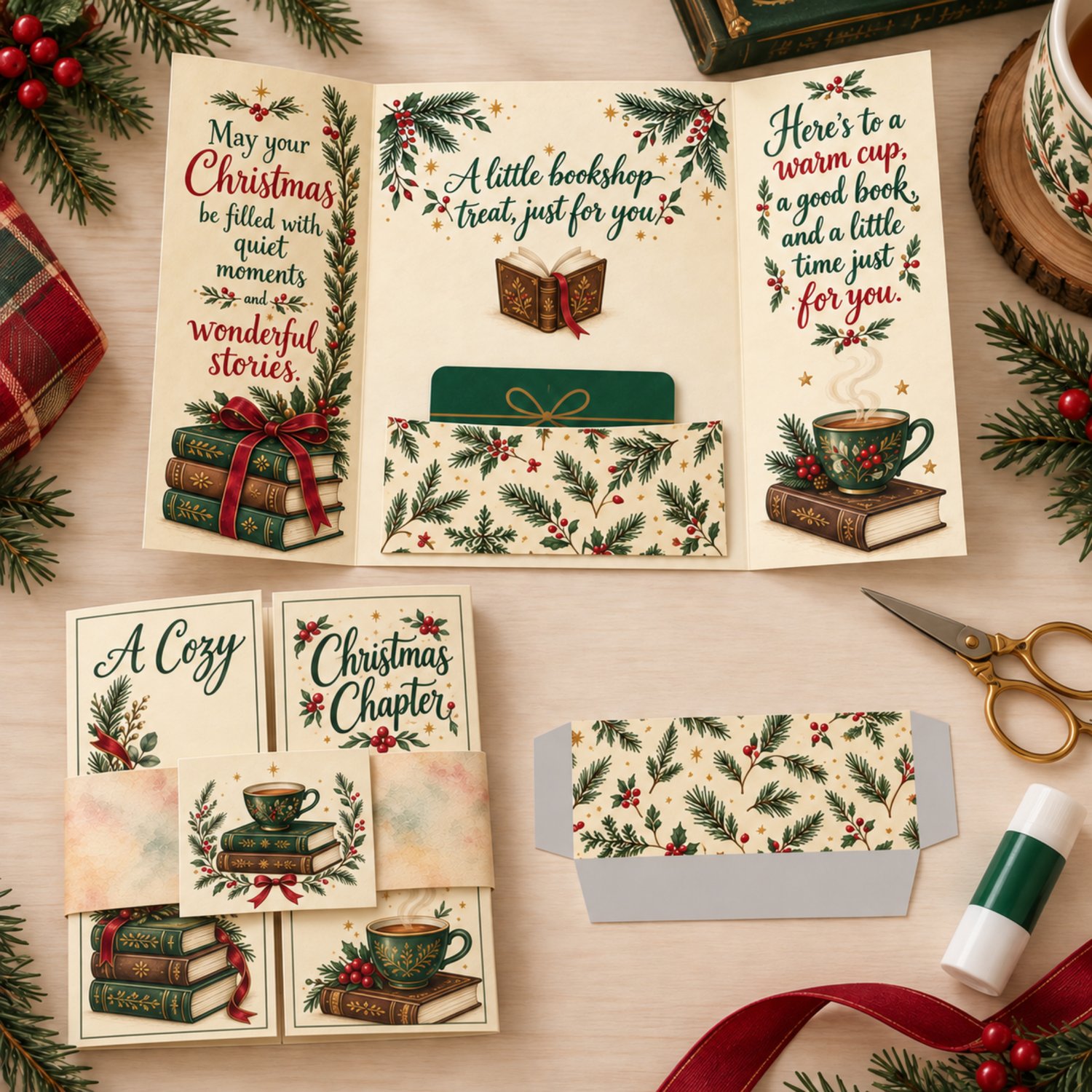 Cozy Christmas gift card holder shown open and closed, with books, teacups, evergreen sprigs, cranberry bows, an inside gift card pocket, and matching belly band.