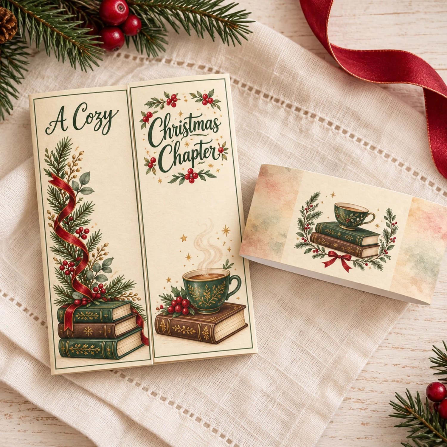 Cozy Christmas gift card holder shown open and closed, with books, teacups, evergreen sprigs, cranberry bows, an inside gift card pocket, and matching belly band.