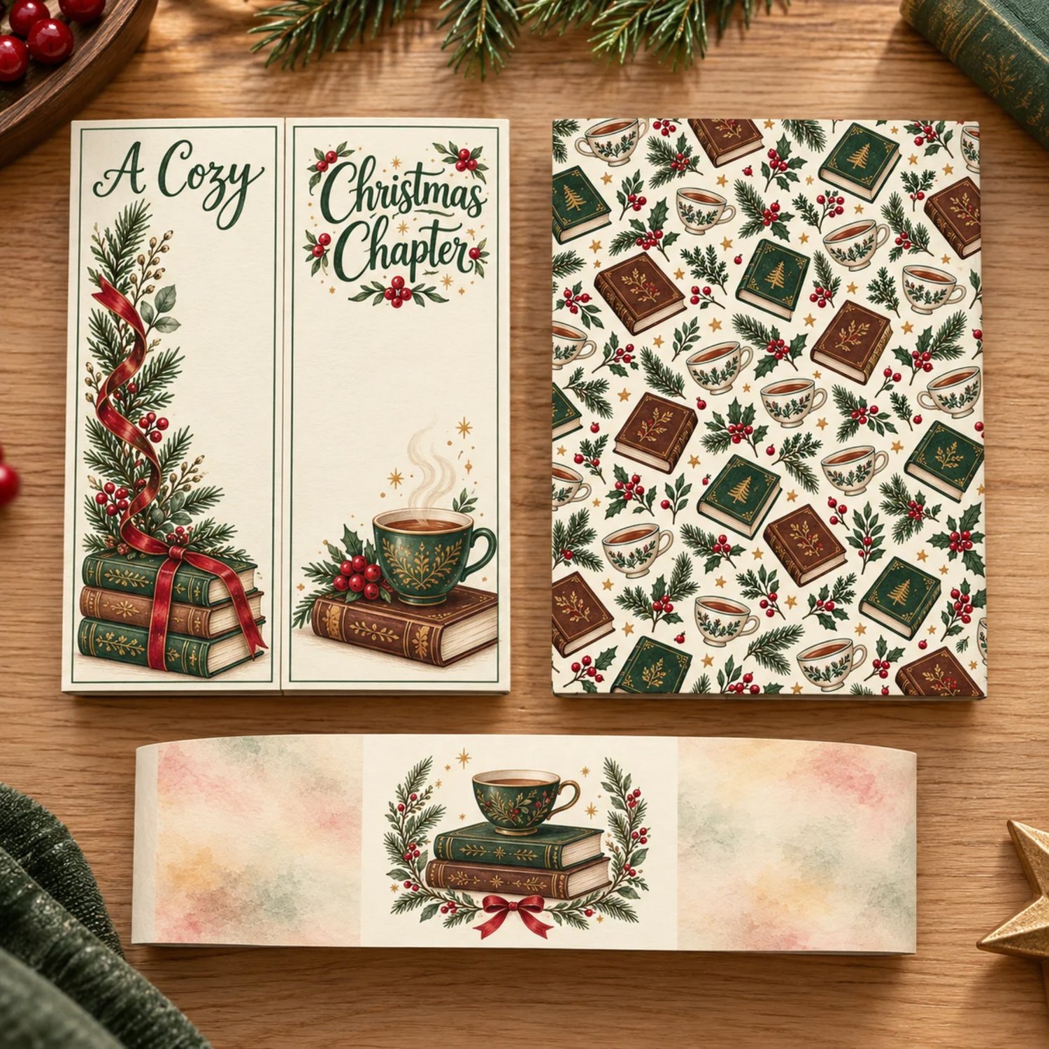Cozy Christmas gift card holder shown open and closed, with books, teacups, evergreen sprigs, cranberry bows, an inside gift card pocket, and matching belly band.